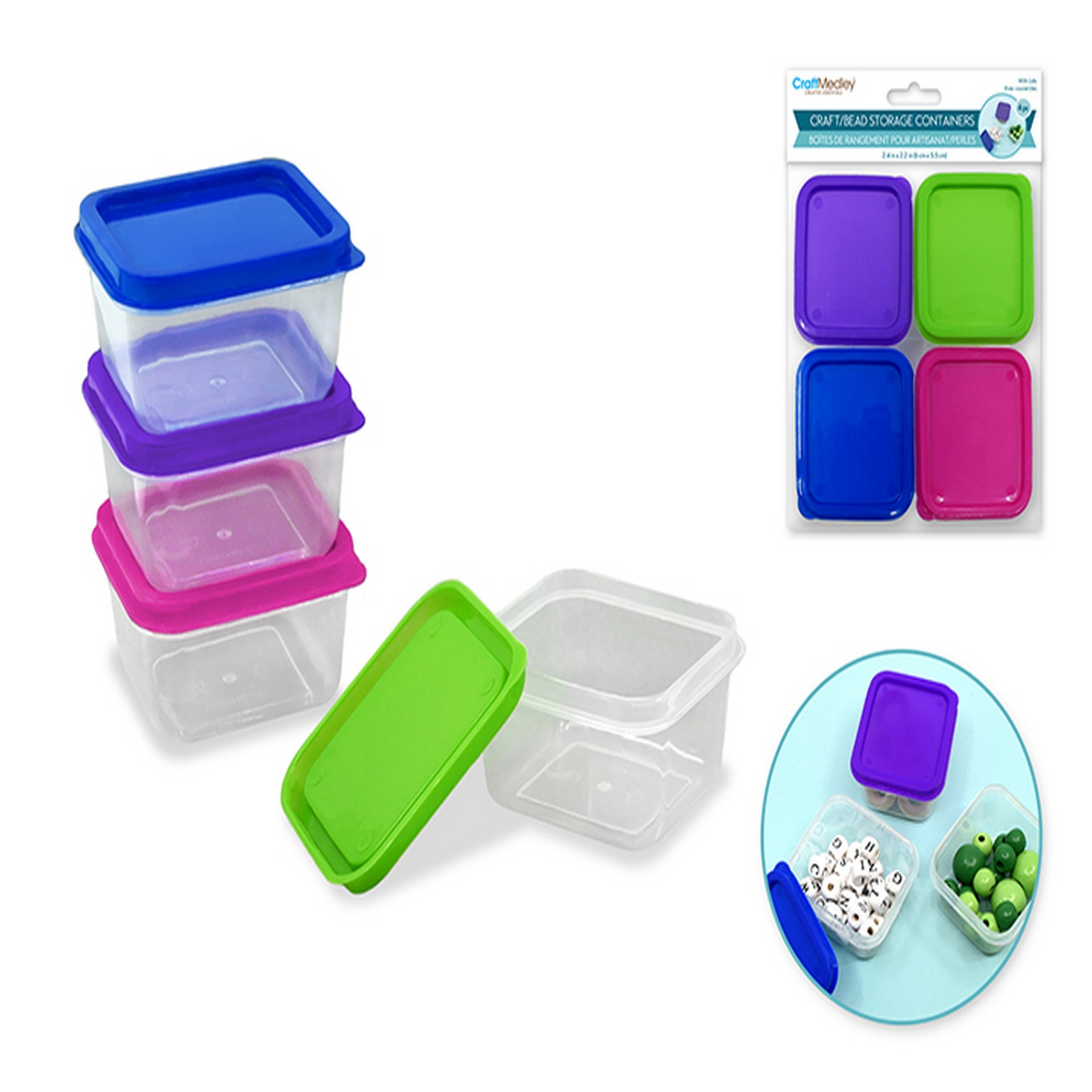 Craft Medley 4 Rectangular Plastic Containers with Lids 2.4x2.2x1.6in 