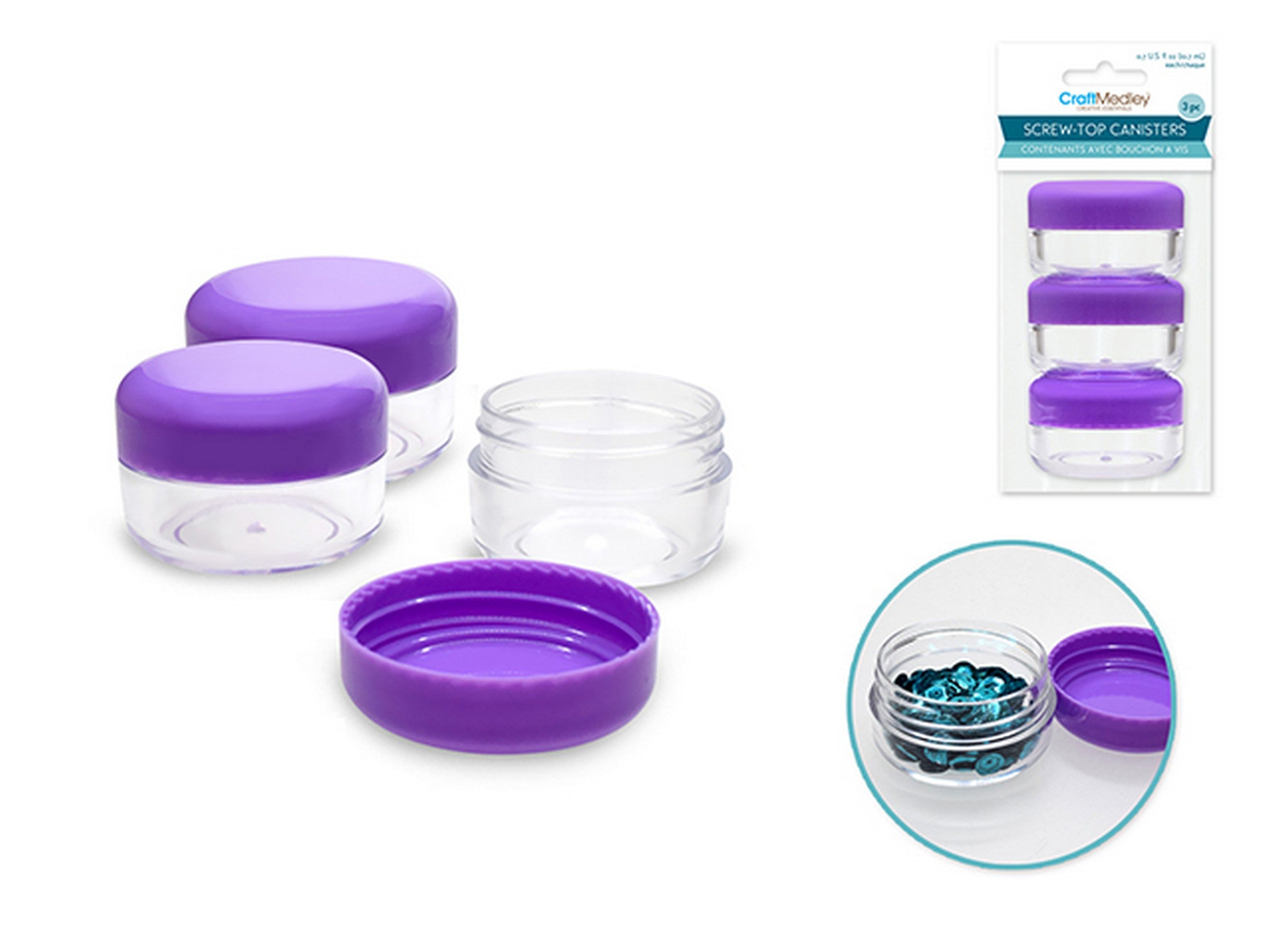 Craft Medley 3 Plastic Canisters with Purple Screw-on Cap 0.7oz each