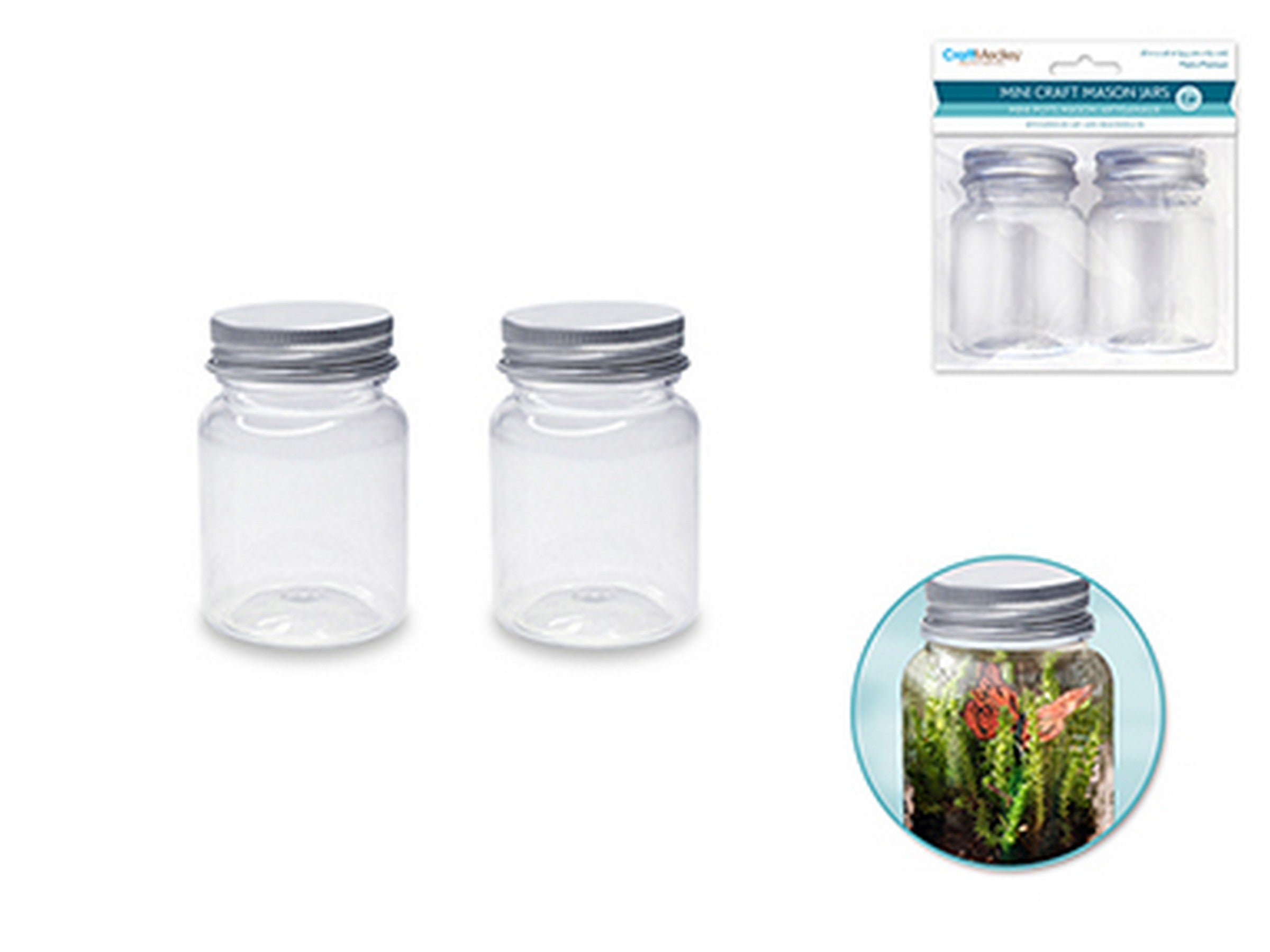 Craft Medley 2 Mini Craft Mason Jars with Screw-on Cap Plastic 1.8x2.6in