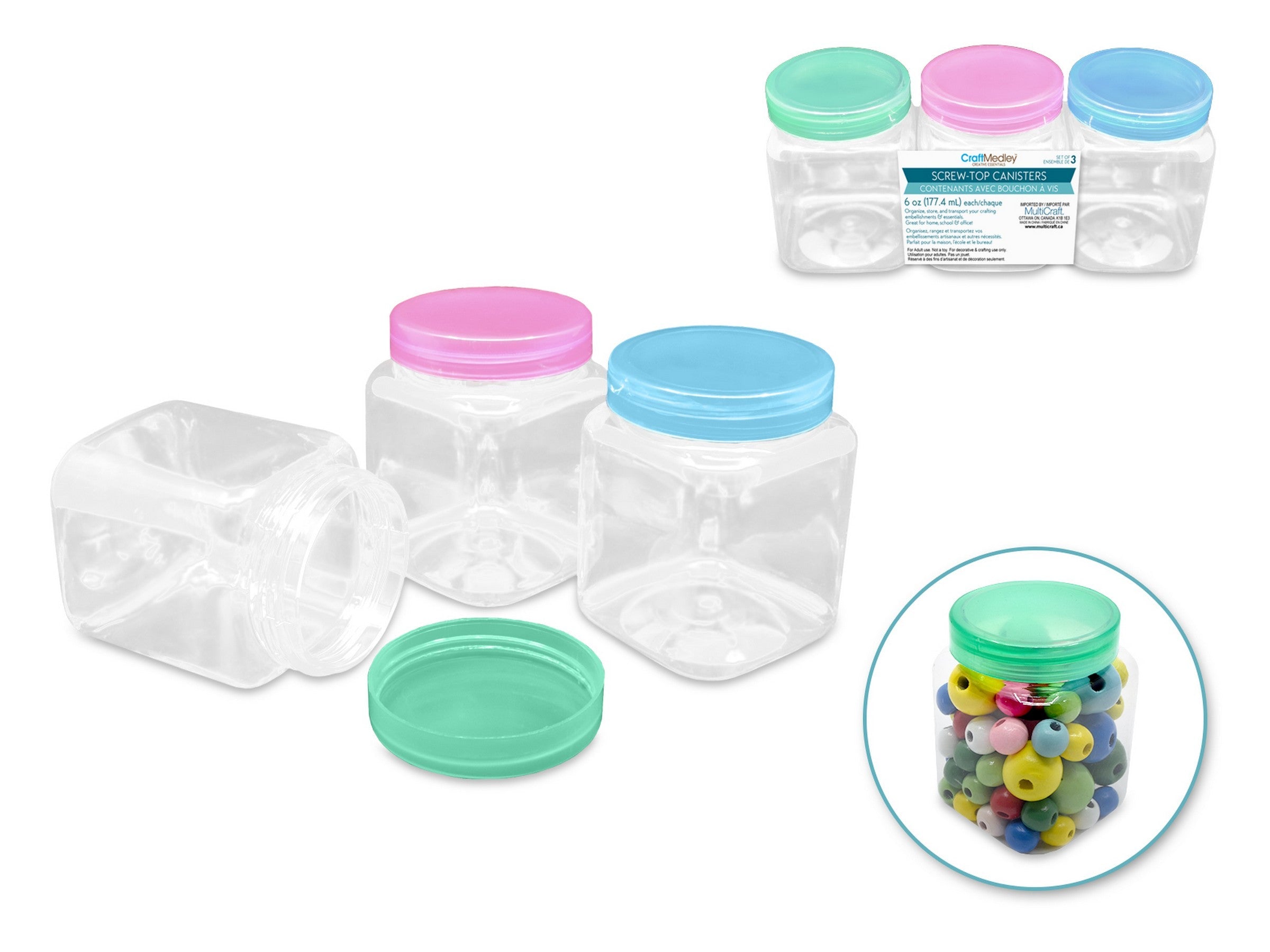 Craft Medley 3 Square Plastic Jars with Screw-Top 6oz 2.3x3.3in