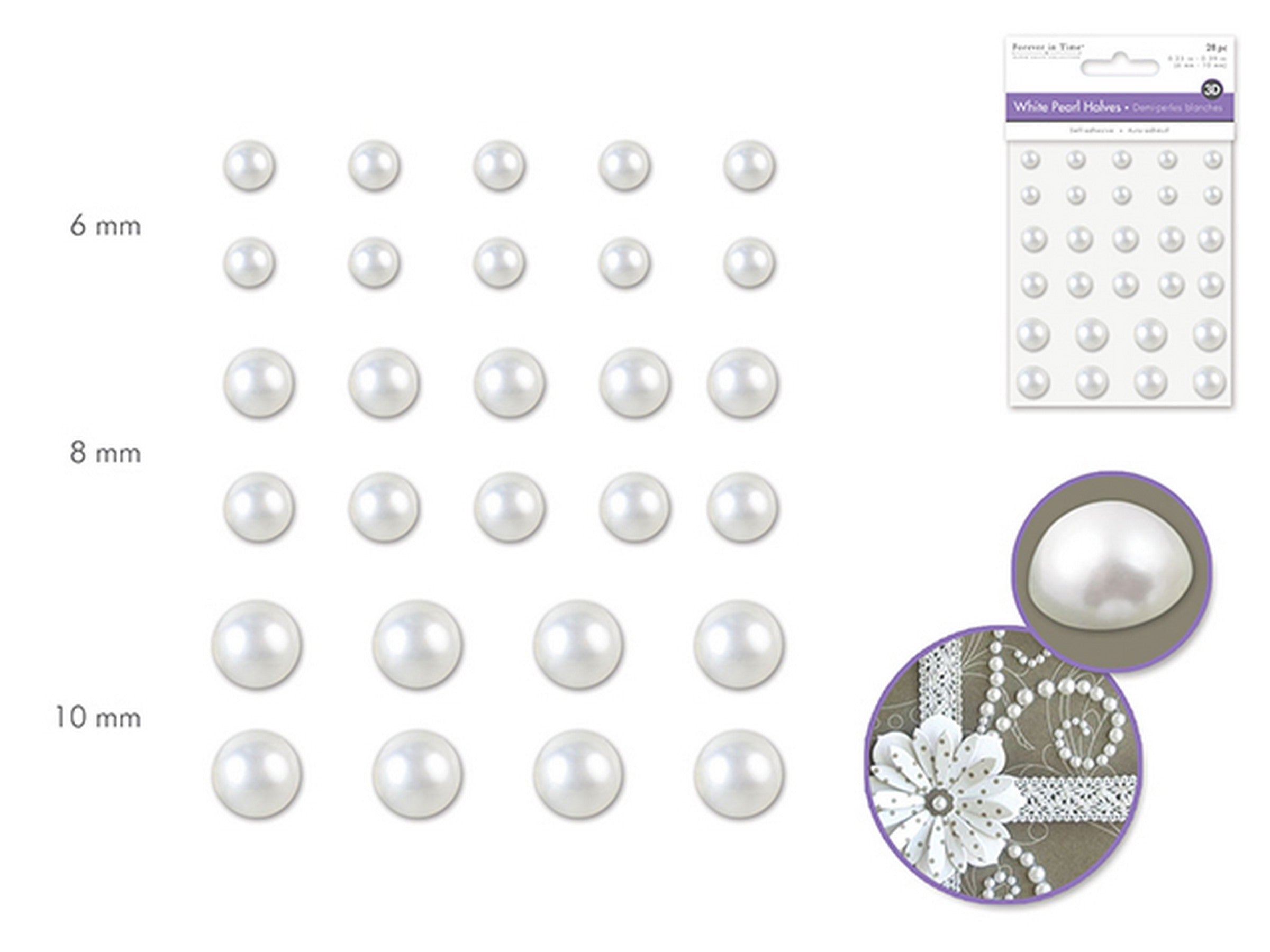 Forever in Time 28pcs Self-adhesive Halves White Pearls 3D 0.23in - 0.31in - 0.39in