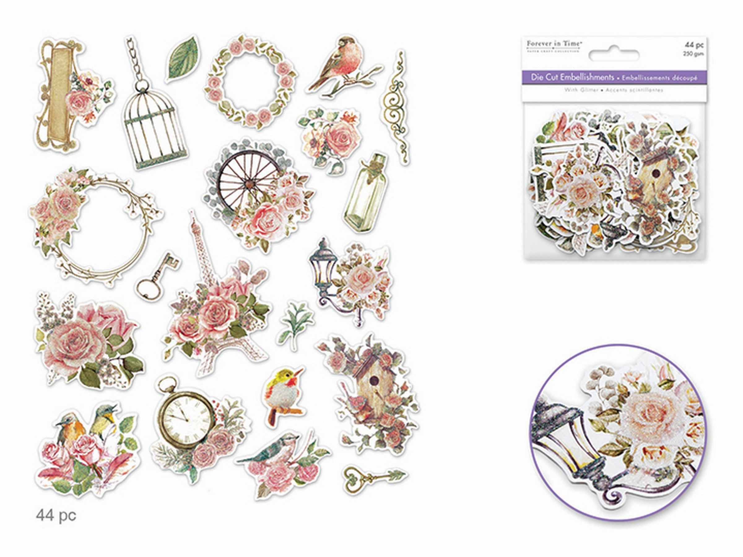 Forever in Time 44 Glitter Die Cuts - Vintage 0.75x1in to 2.1x3.25in