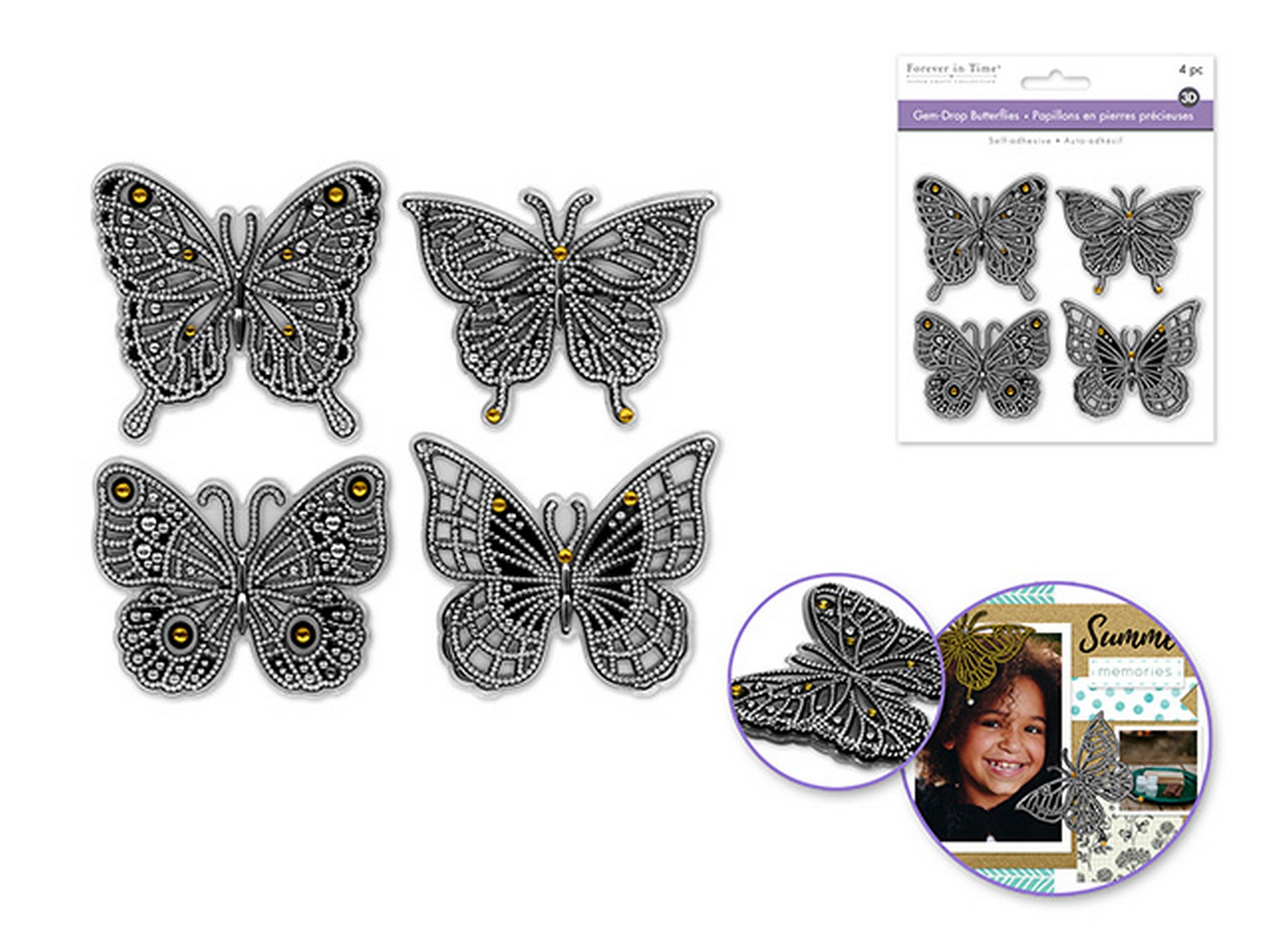 Forever in Time 4 Gem-Drop Butterflies Silver 2x2.5in