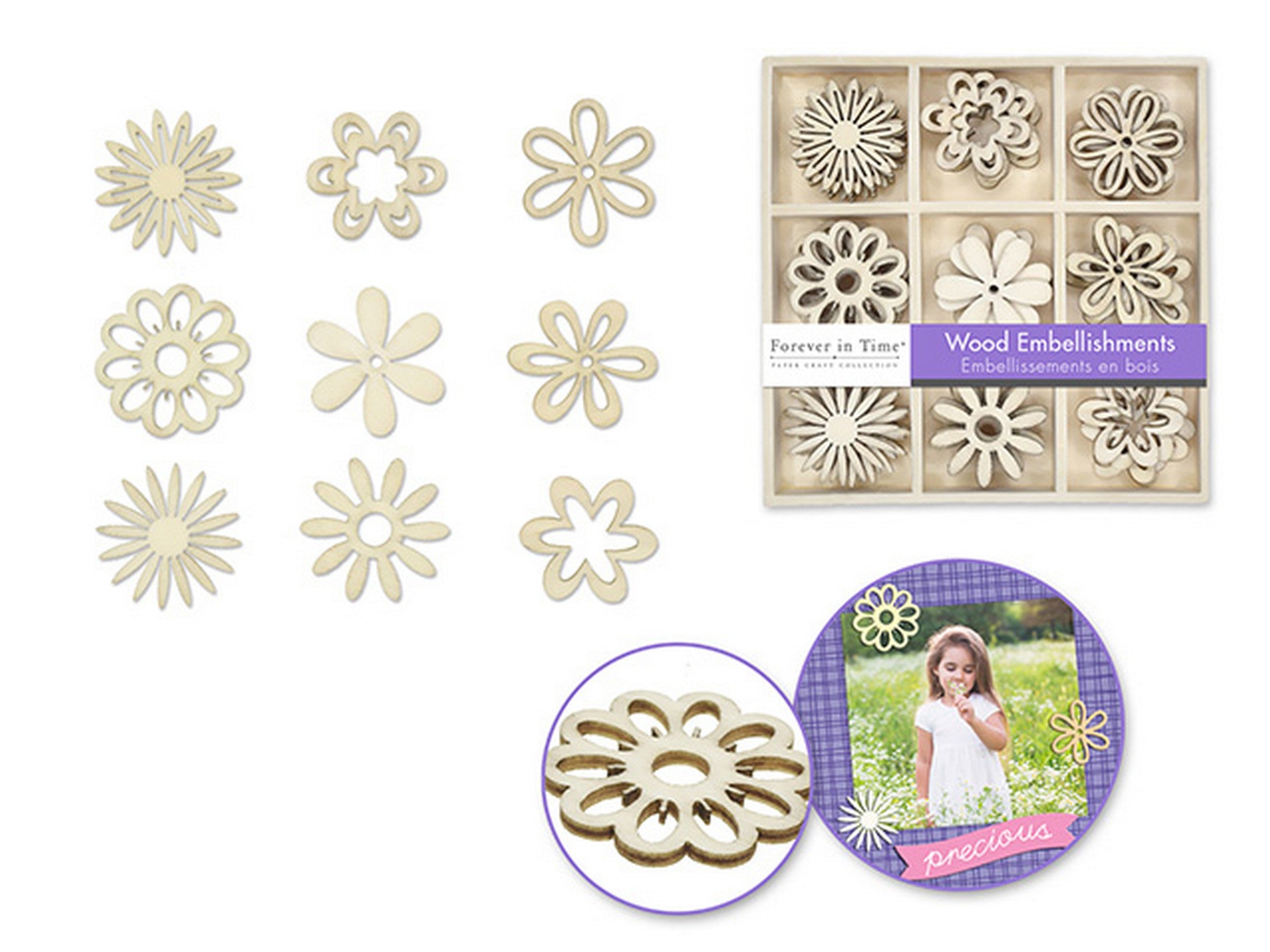 Forever in Time 45 Mini Wood Embellishments with Storage Box Floral Unpainted 4x4in Box
