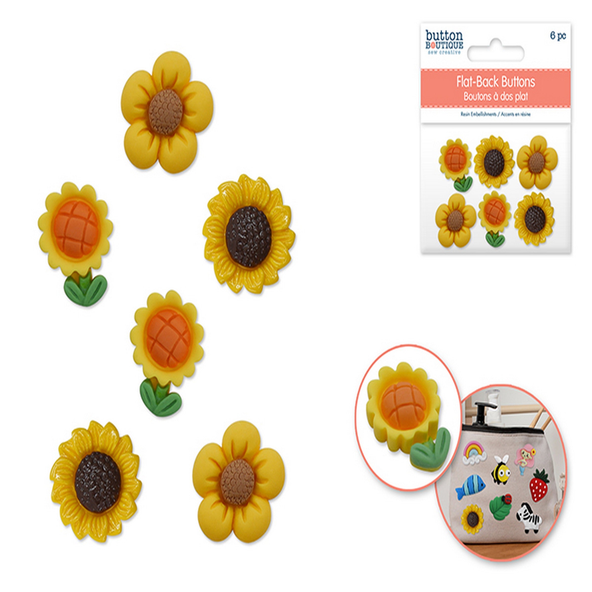Button Boutique 6 Flat-back Resin Embellishment Buttons - Sunflower 0.75in