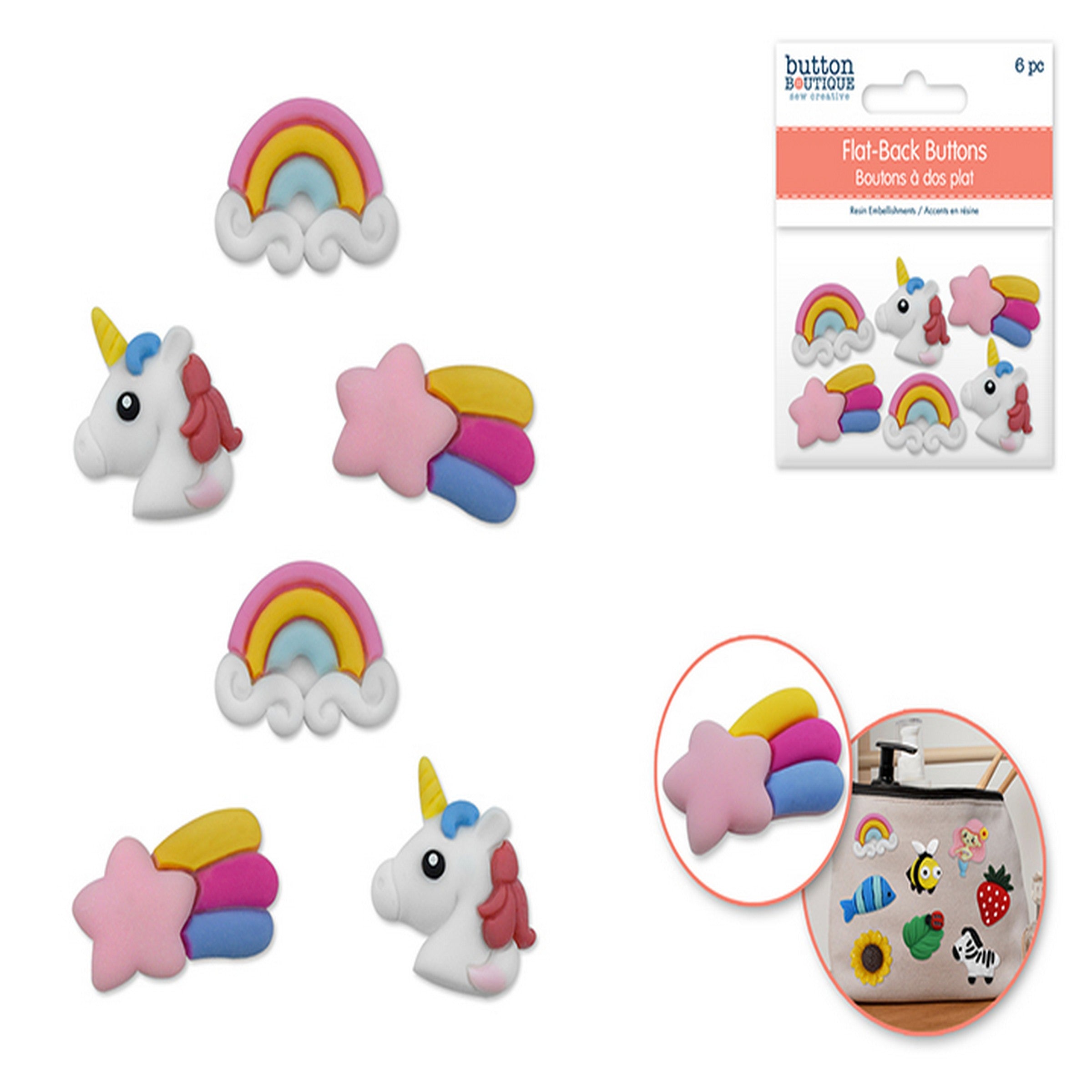 Button Boutique 6 Flat-back Resin Embellishment Buttons - Unicorn 1in