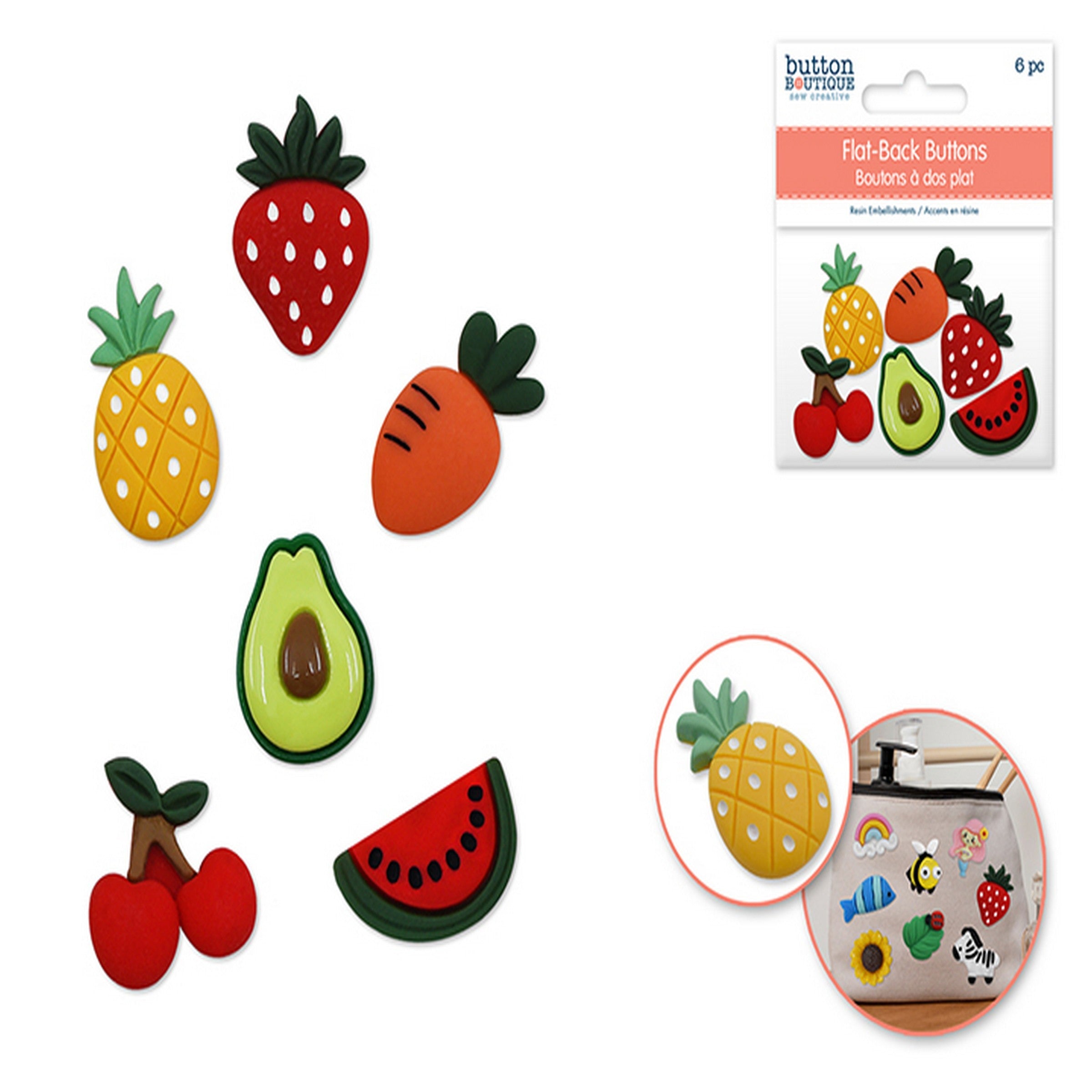 Button Boutique 6 Flat-back Resin Embellishment Buttons - Fruit 1in