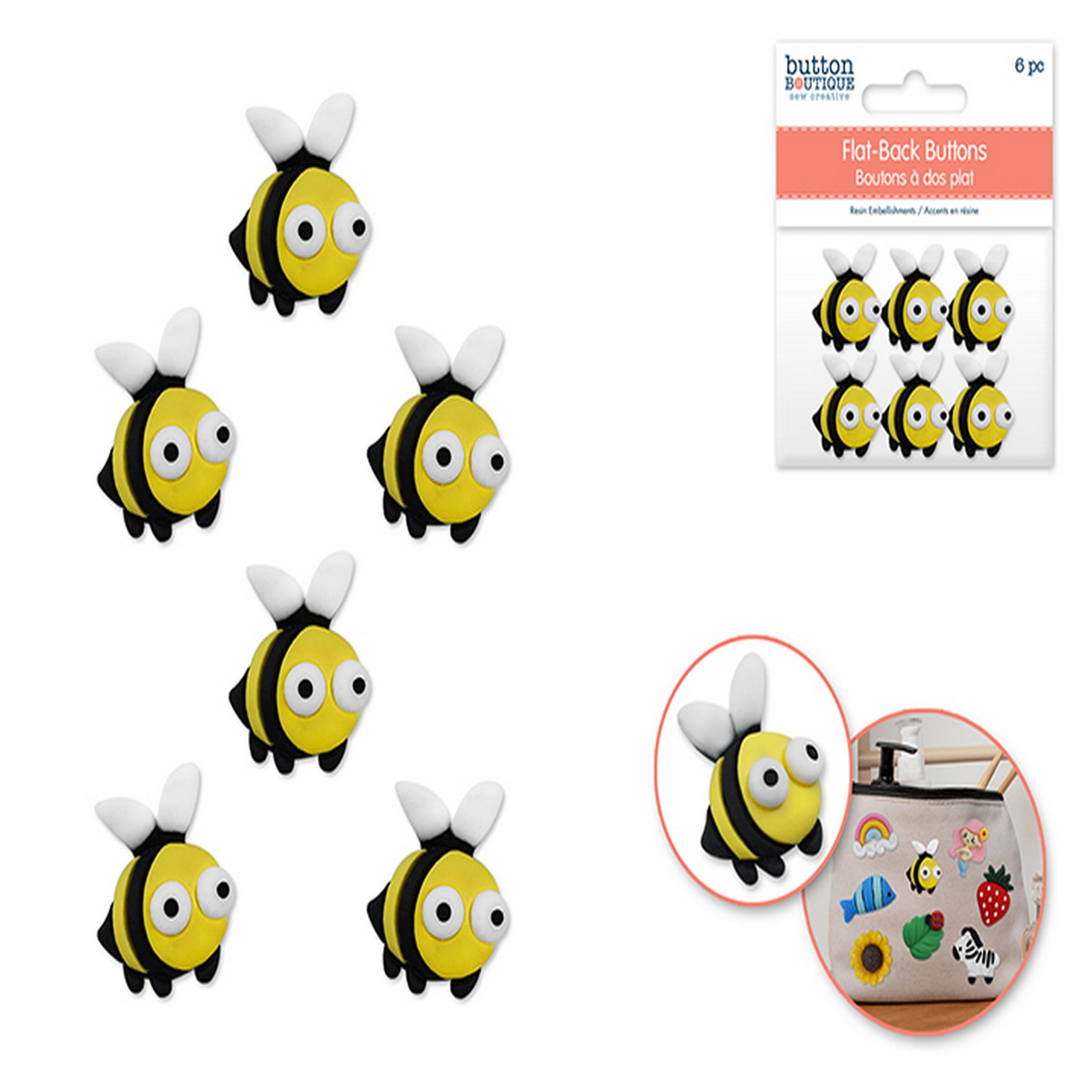 Button Boutique 6 Flat-back Resin Embellishment Buttons - Bug-eyed Bees 0.75x1in