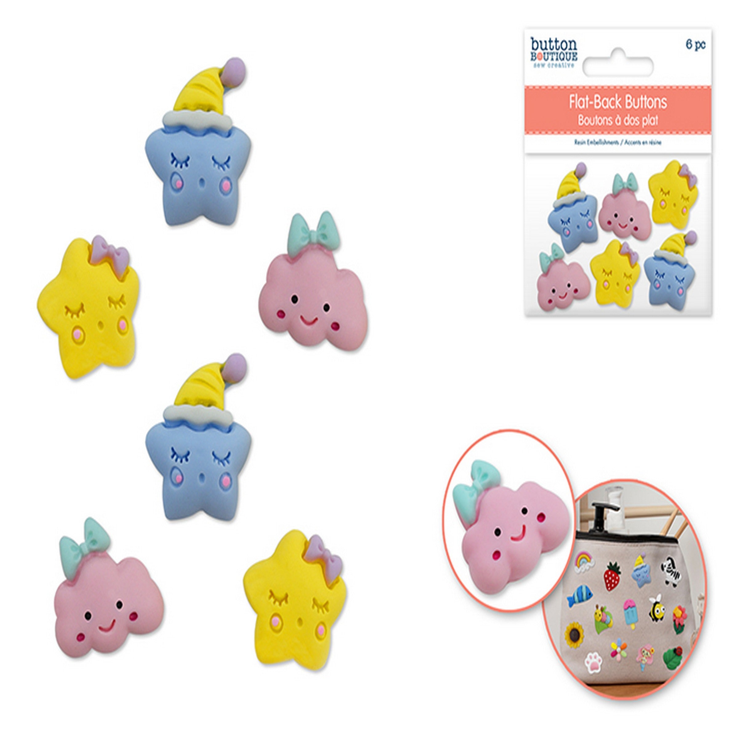 Button Boutique 6 Flat-back Resin Embellishment Buttons - Naptime 0.75in