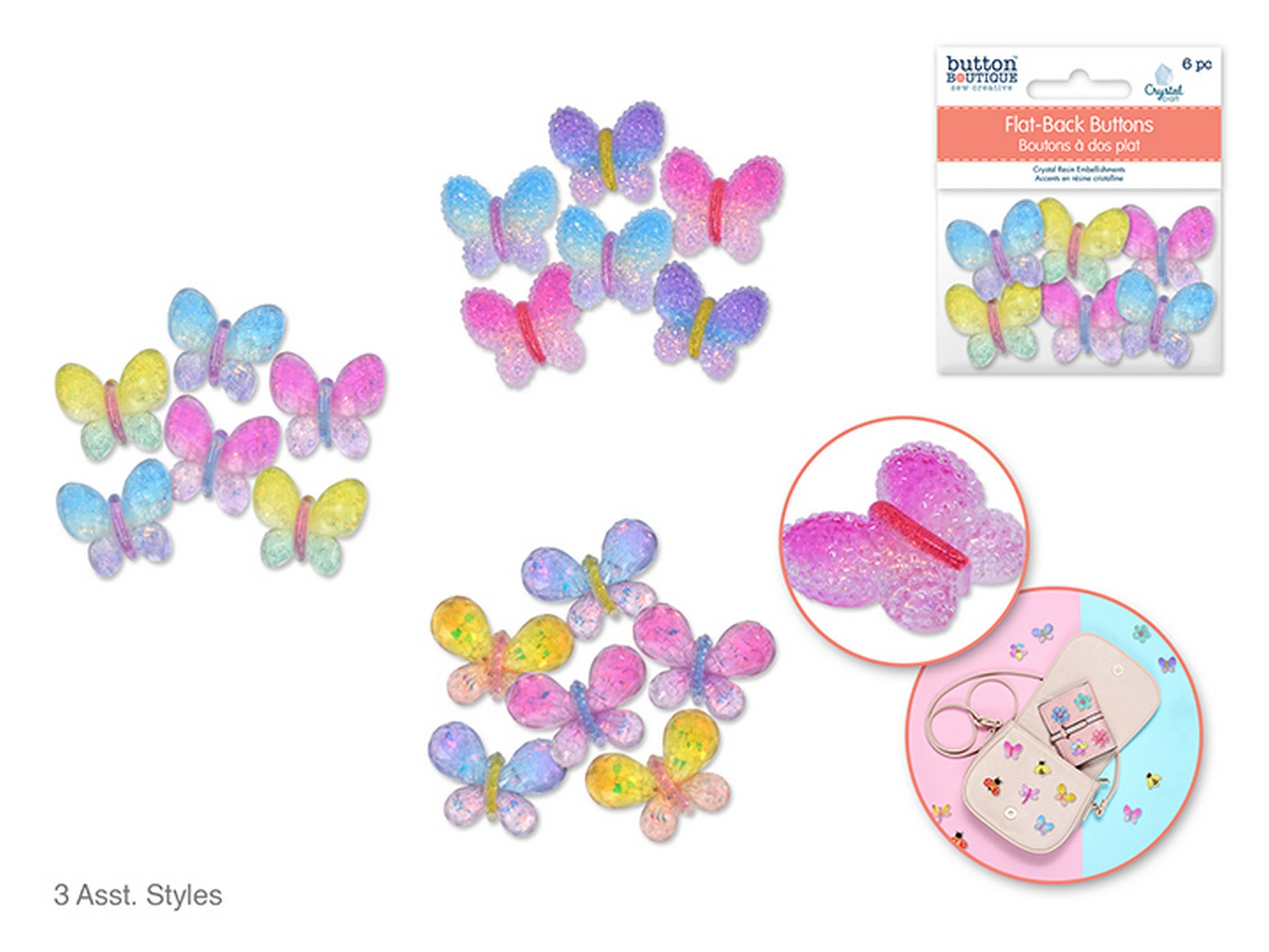 Button Boutique 6 Flat-Back Crystal Resin Buttons - Butterfly Medley  VRT 