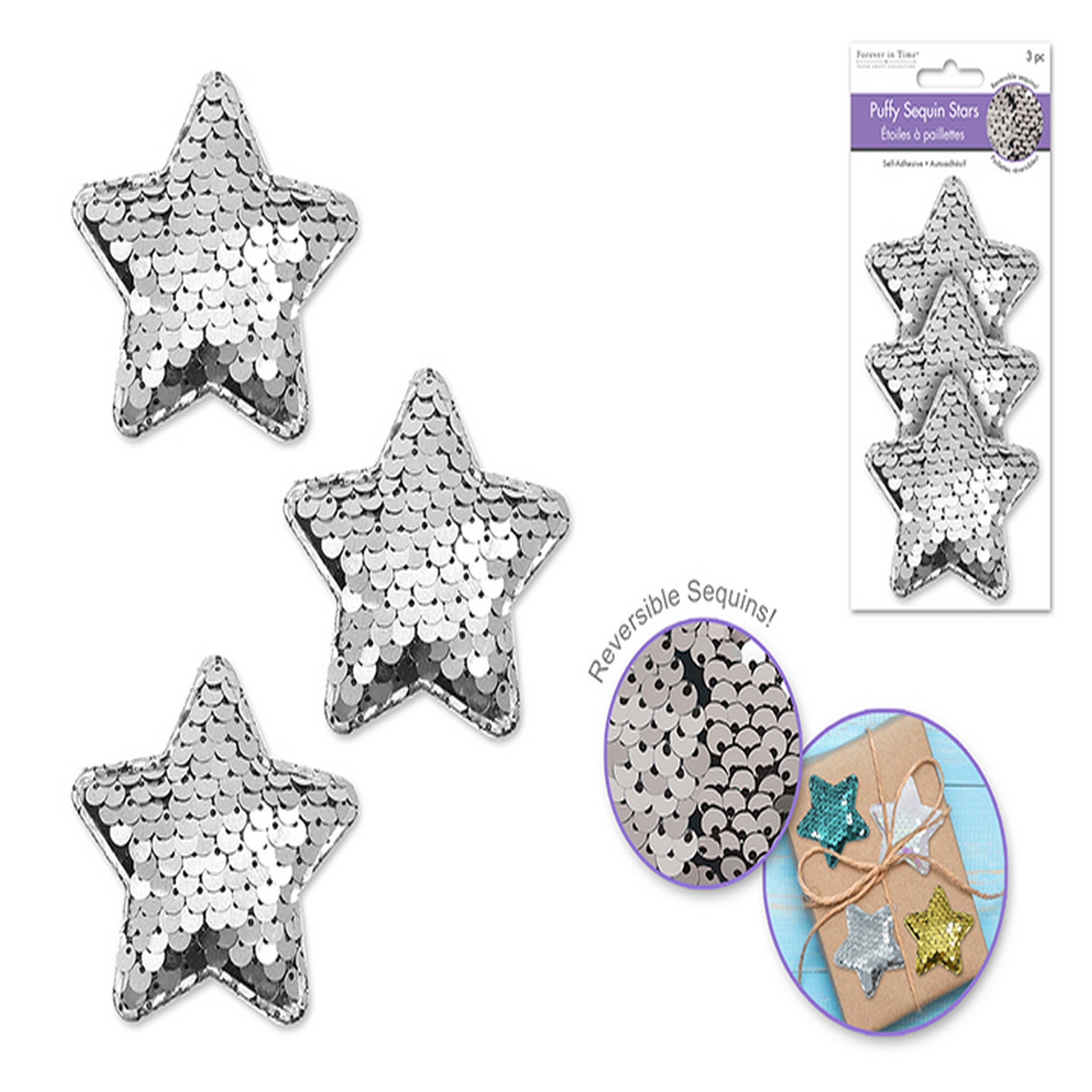Forever in Time 3 Puffy 3D Reversible Silver Sequin Star Stickers 2.4in