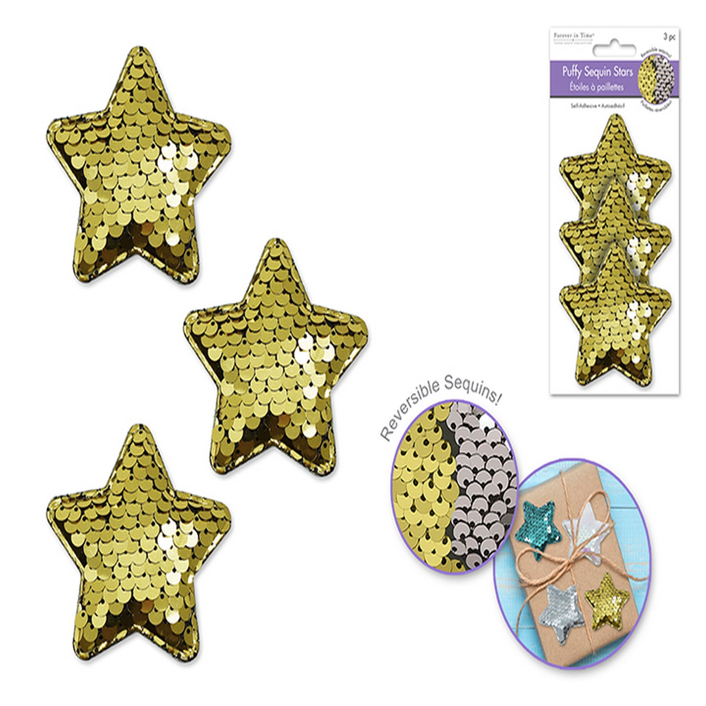 Forever in Time 3 Puffy 3D Reversible Gold Sequin Star Stickers 2.4in