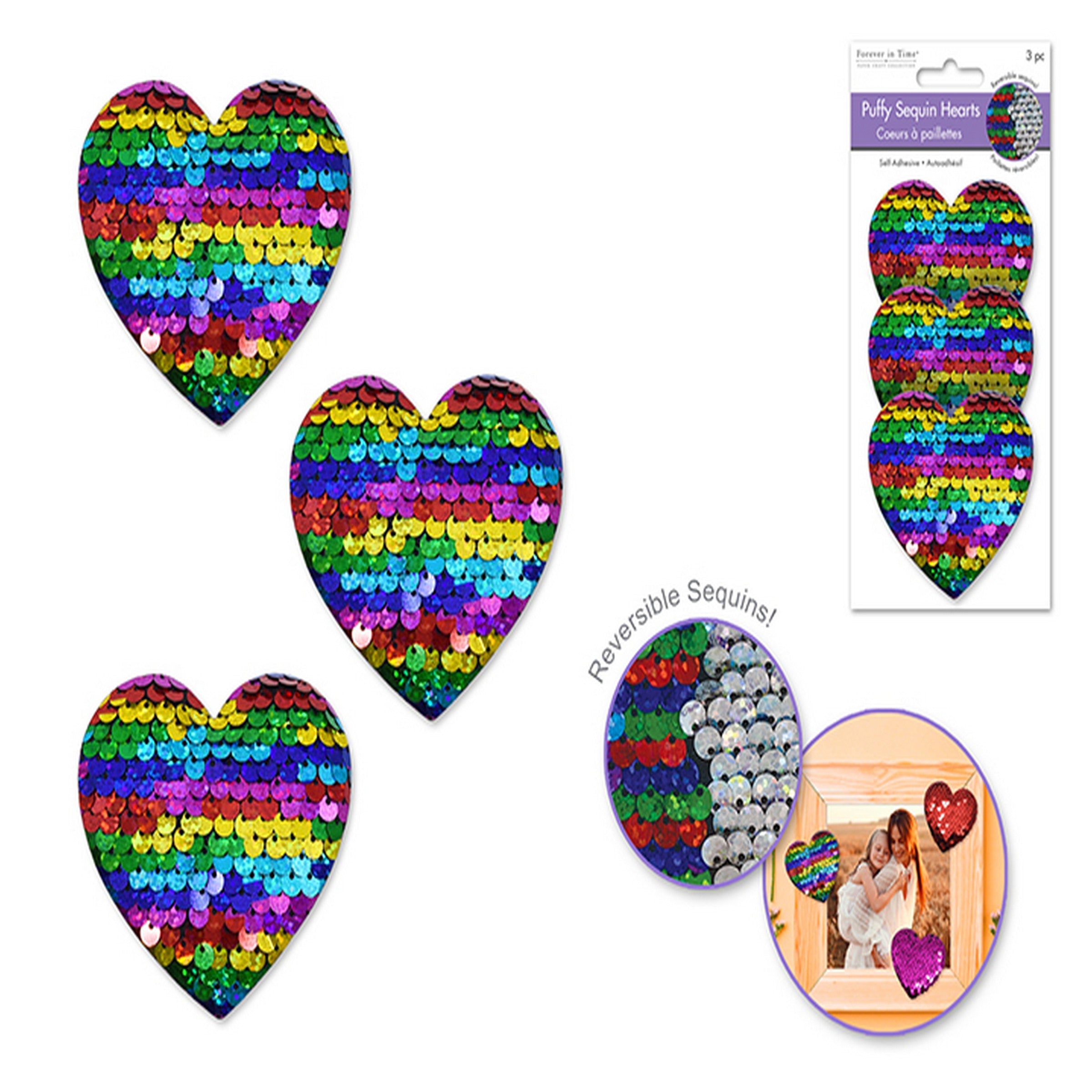 Forever in Time 3 Puffy 3D Reversible Sequin Heart Stickers 2.4in