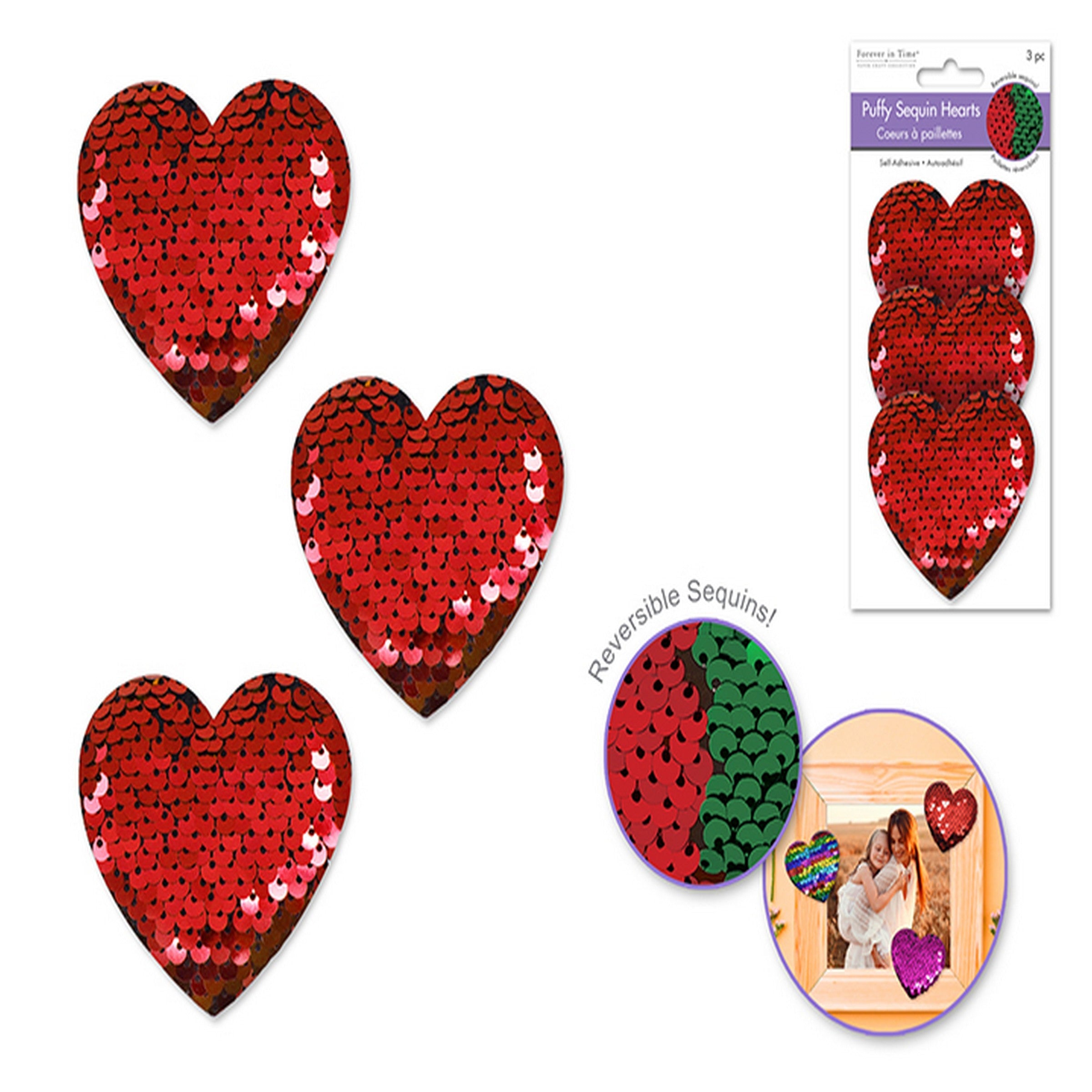 Forever in Time 3 Puffy 3D Reversible Red Sequin Heart Stickers 2.4in