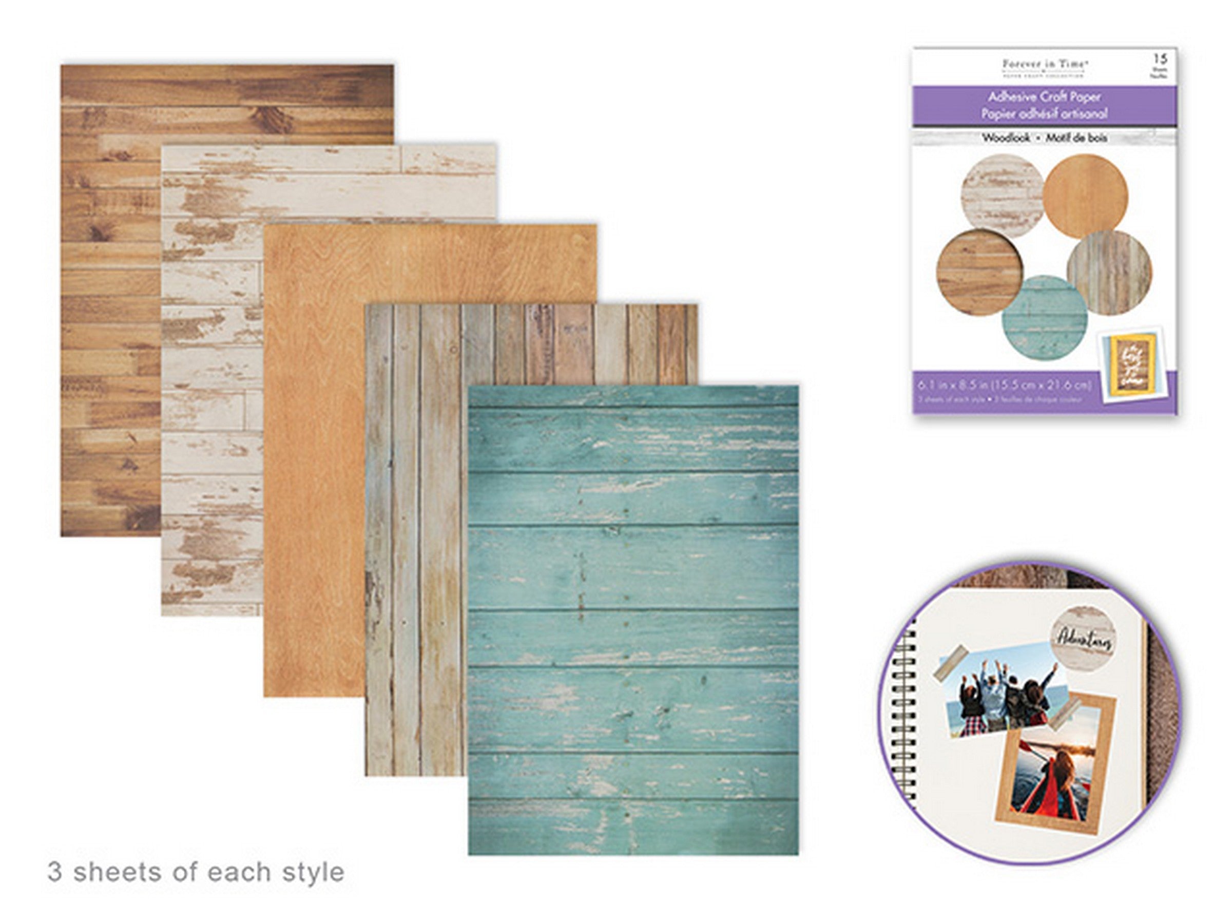 Forever in Time 15 Sheets Adhesive Craft Paper - Wood Print 6.1x8.5in