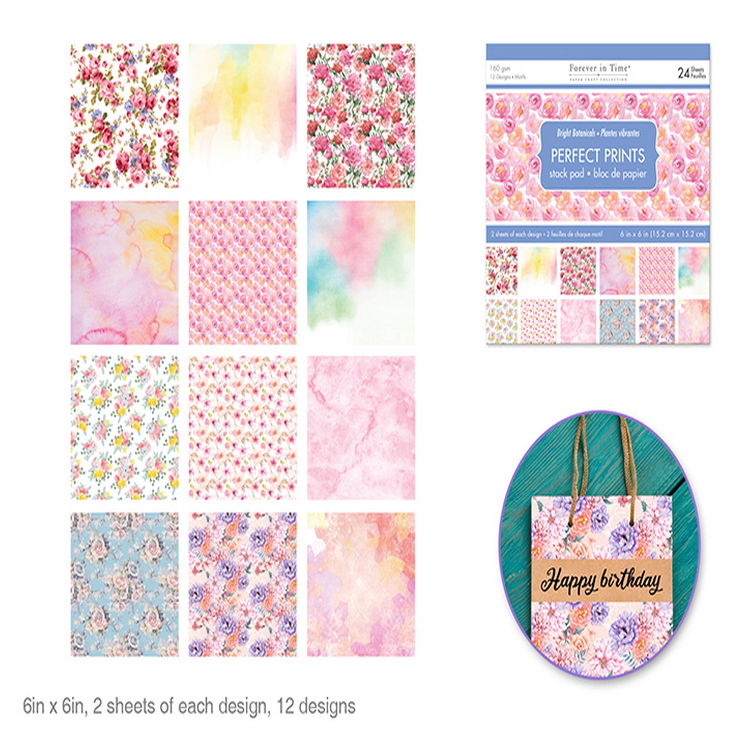 Forever in Time Printed Paper Stack 24 Sheets - Bright Botanicals 6x6in