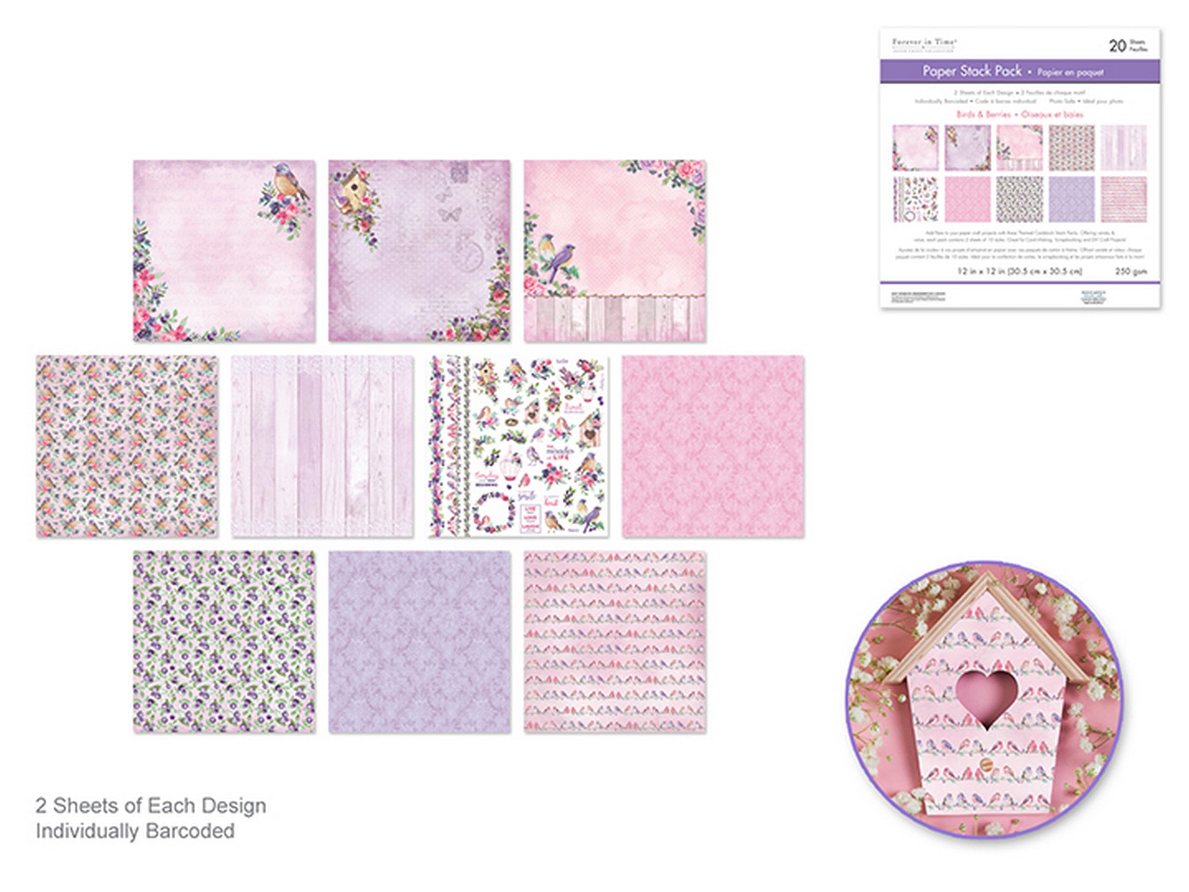 Forever in Time Printed Paper Stack 20 Sheets - Birds and Berries 12x12in