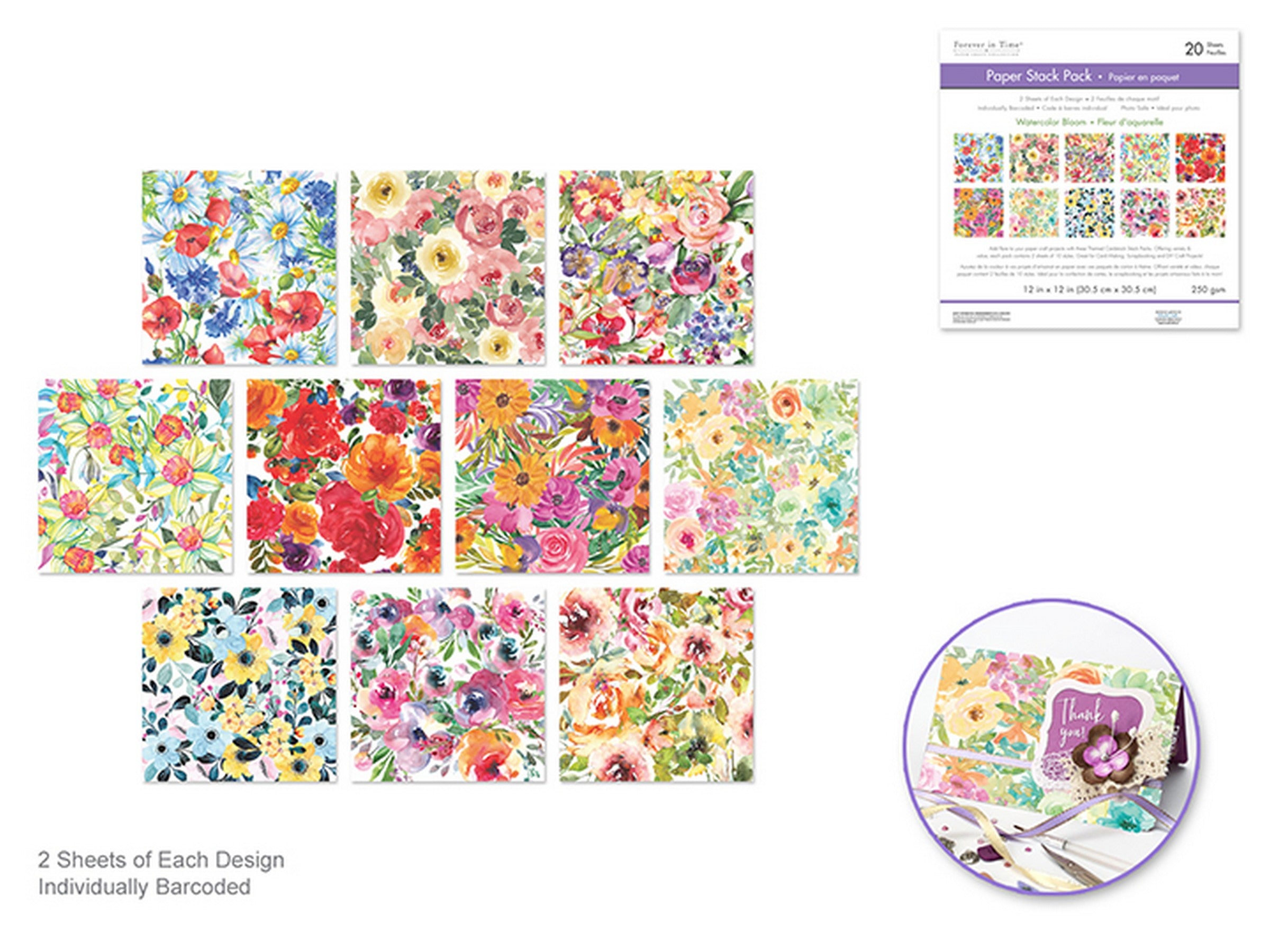Forever in Time Printed Paper Stack 20 Sheets - Watercolor Bloom 12x12in