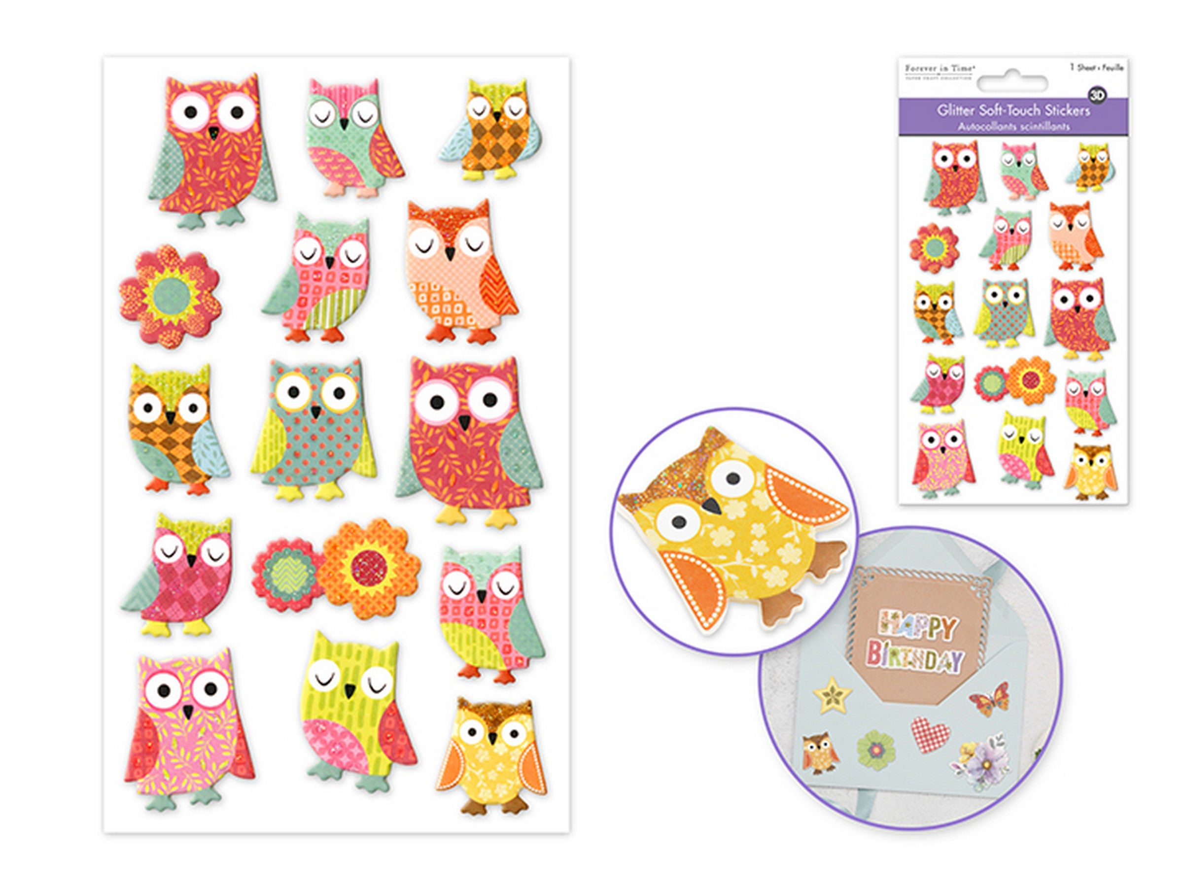 Forever in Time 3D Glitter Soft Touch Stickers - Owl 4x6.25in