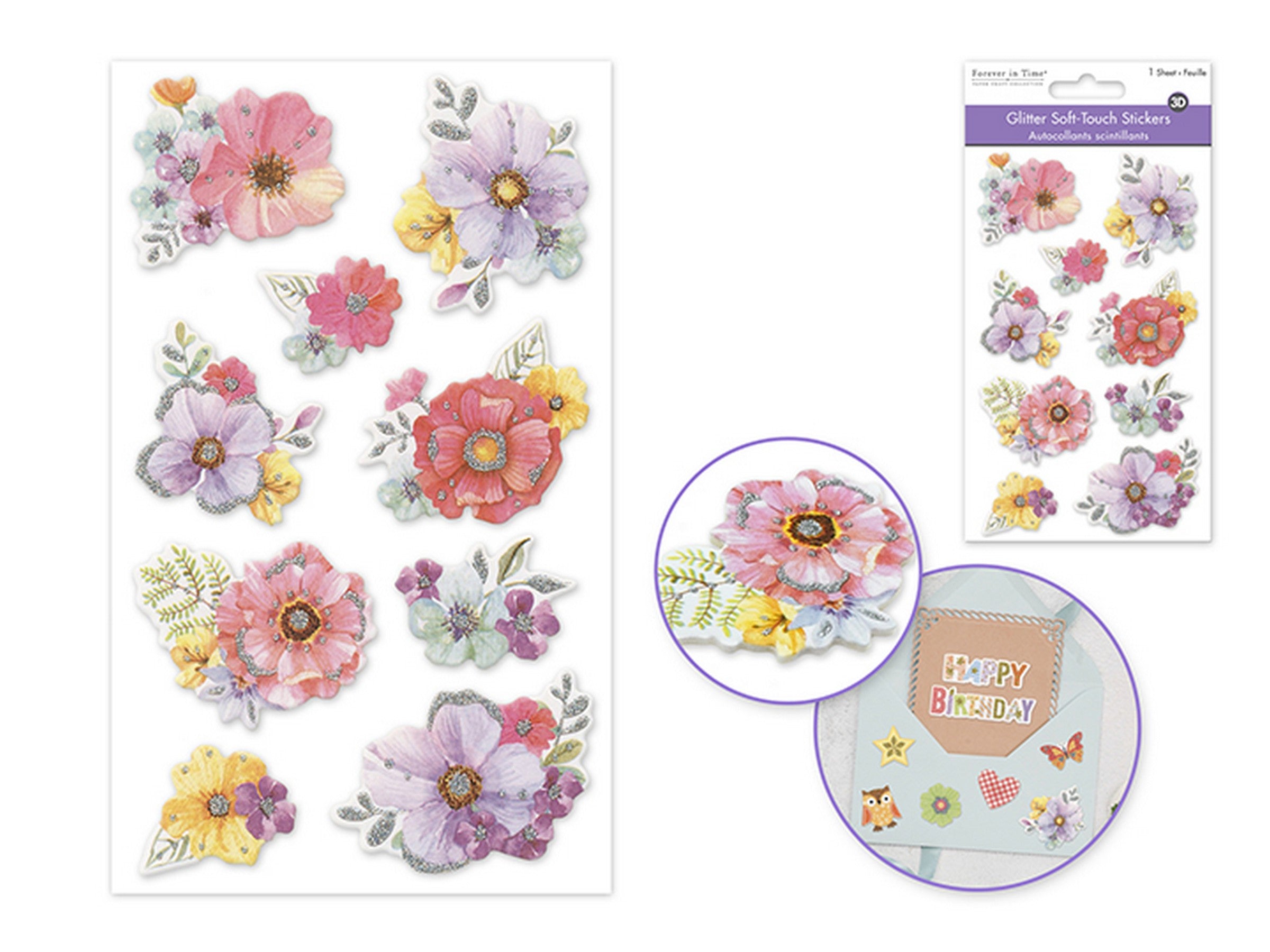 Forever in Time 3D Glitter Soft Touch Stickers - Floral 4x6.25in