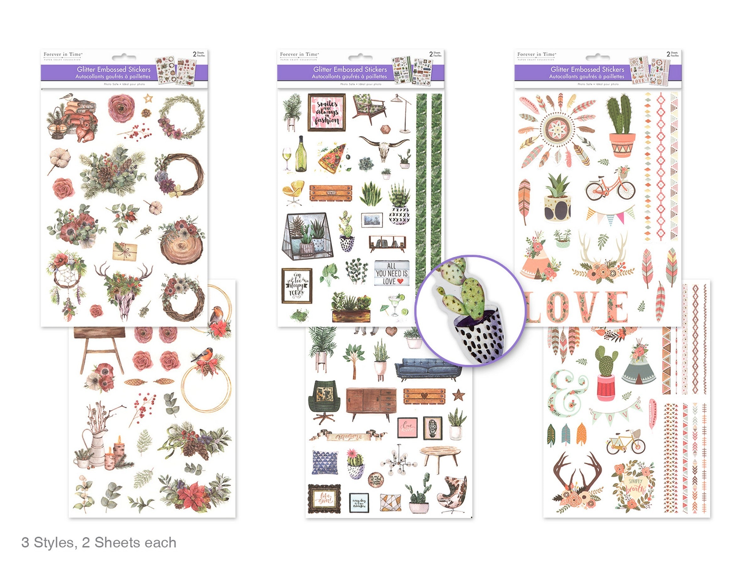 Forever in Time 2 Sheets Glitter Embossed Stickers 8.2x11.6in VRT 