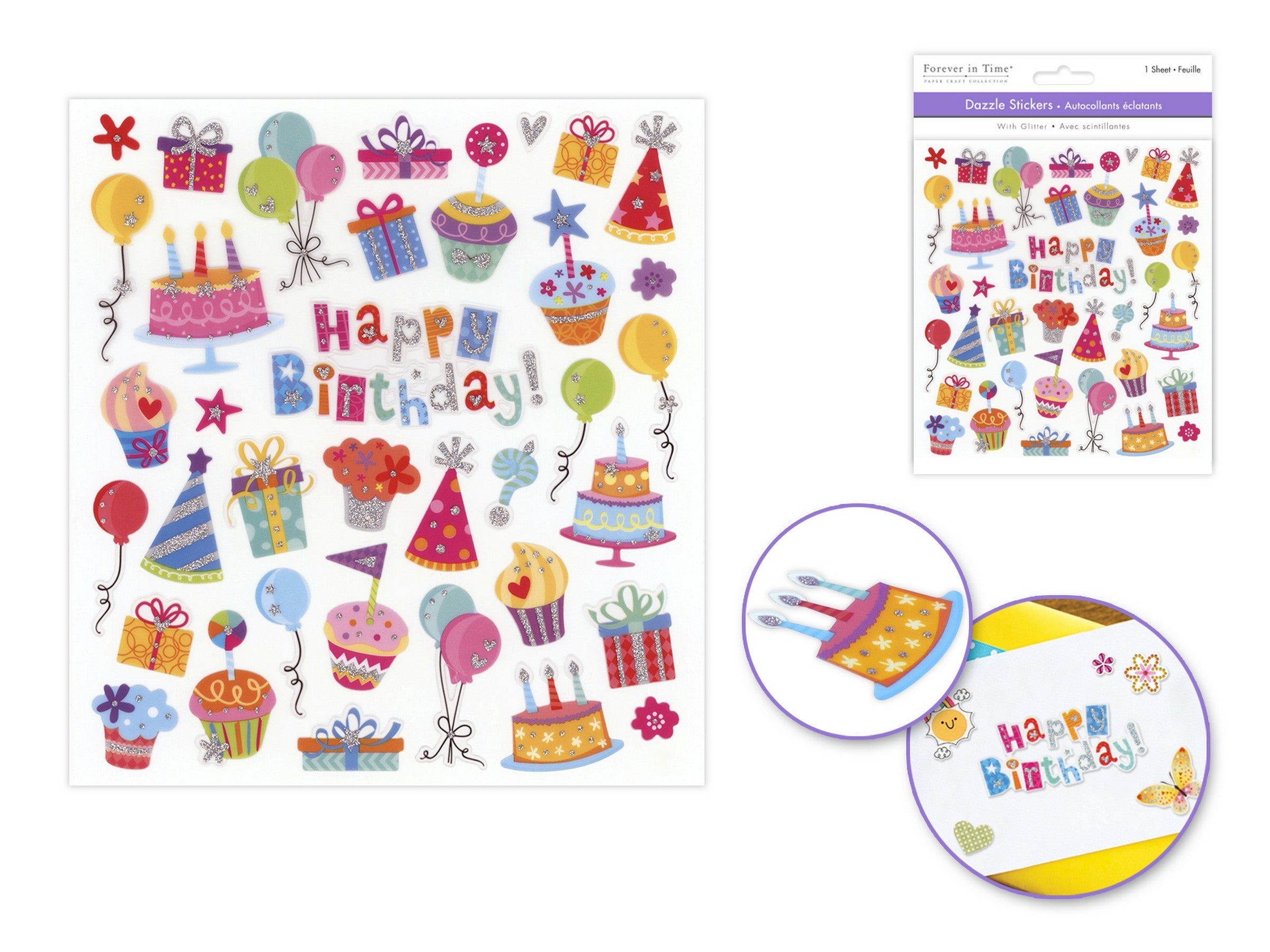 Forever in Time Dazzle Effects Stickers - Happy Birthday 6x6.5in