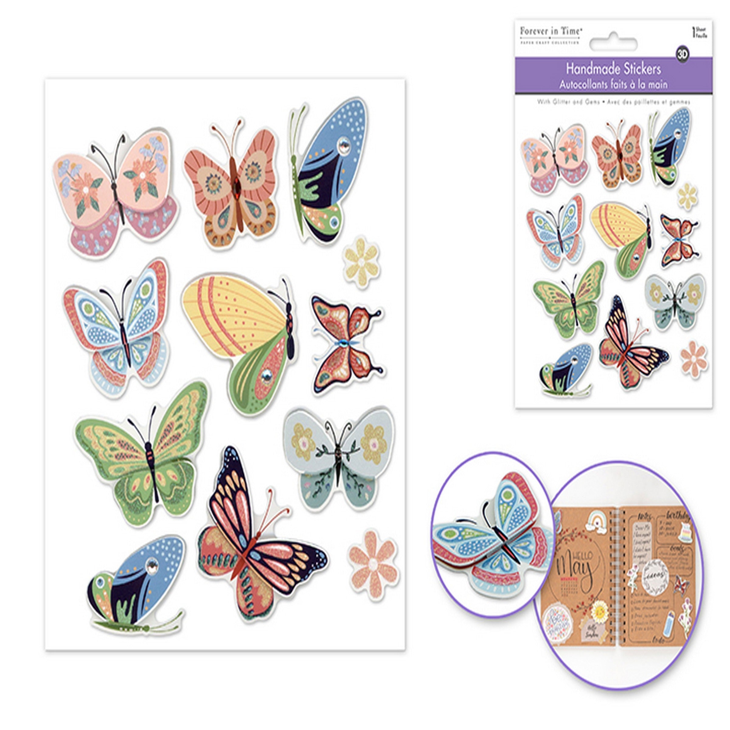 Forever in Time 3D Handmade Stickers with Glitter and Gems - Butterfly 4.7x5.5in