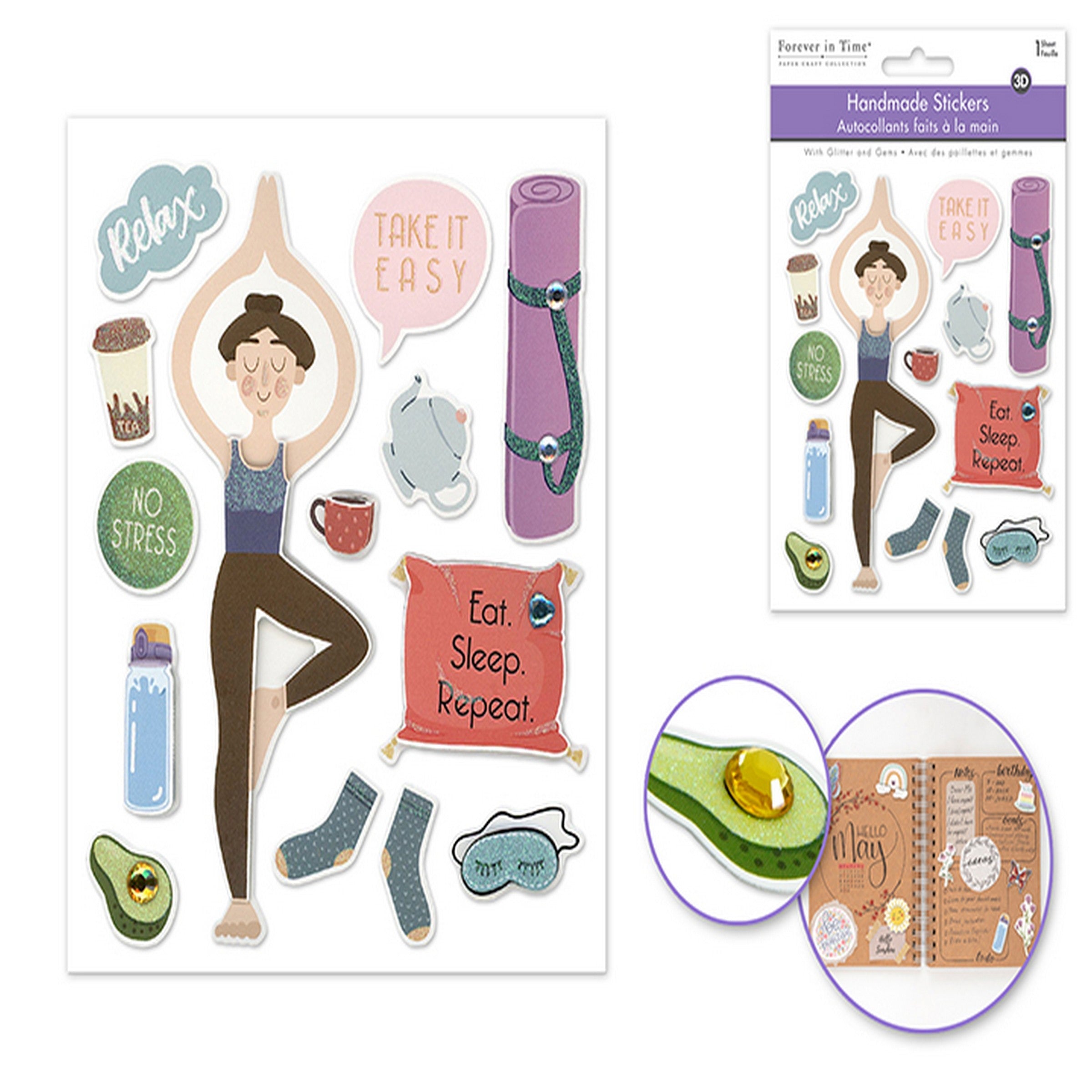 Forever in Time 3D Handmade Stickers with Glitter and Gems - Wellness 4.7x5.5in