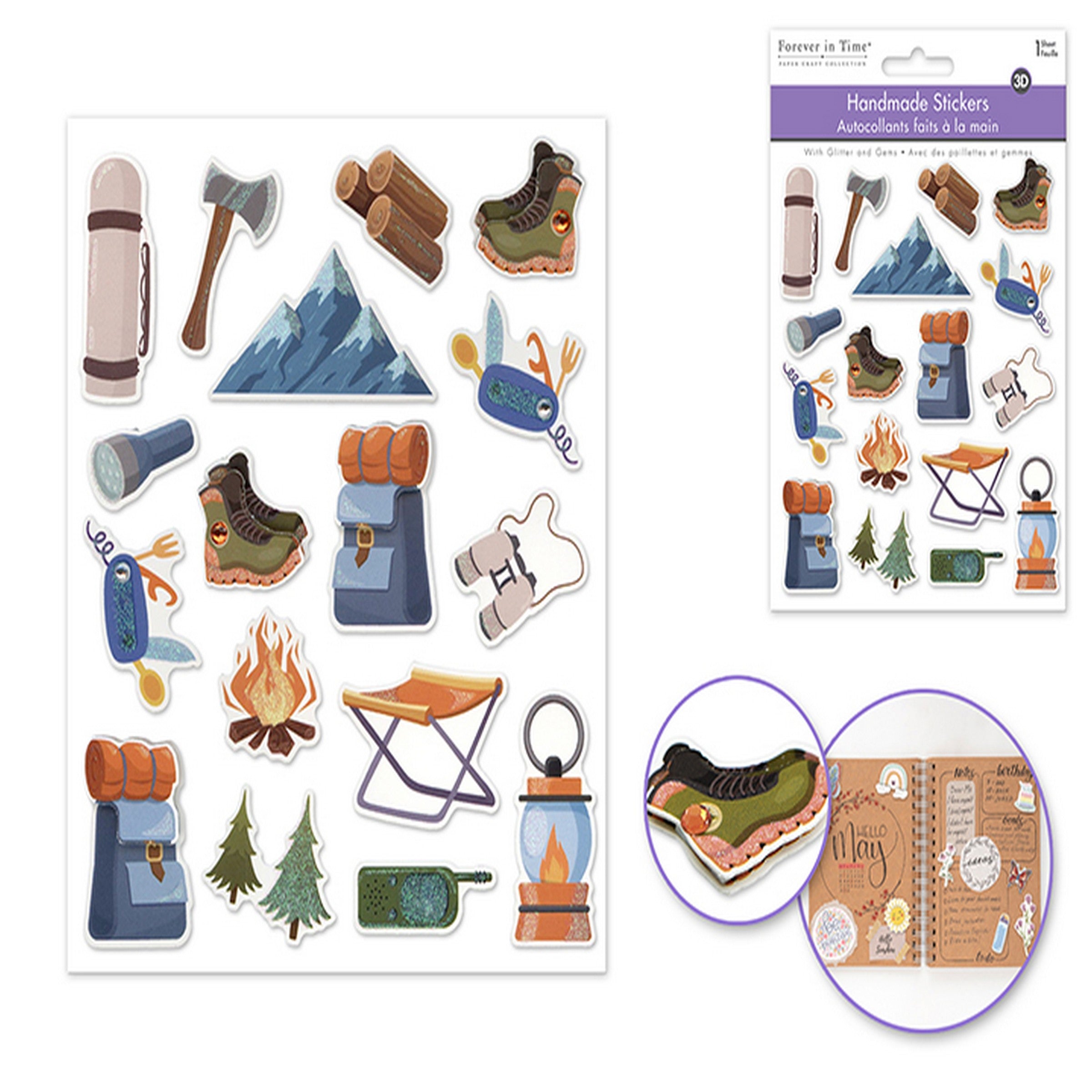 Forever in Time 3D Handmade Stickers with Glitter and Gems - Camping 4.7x5.5in