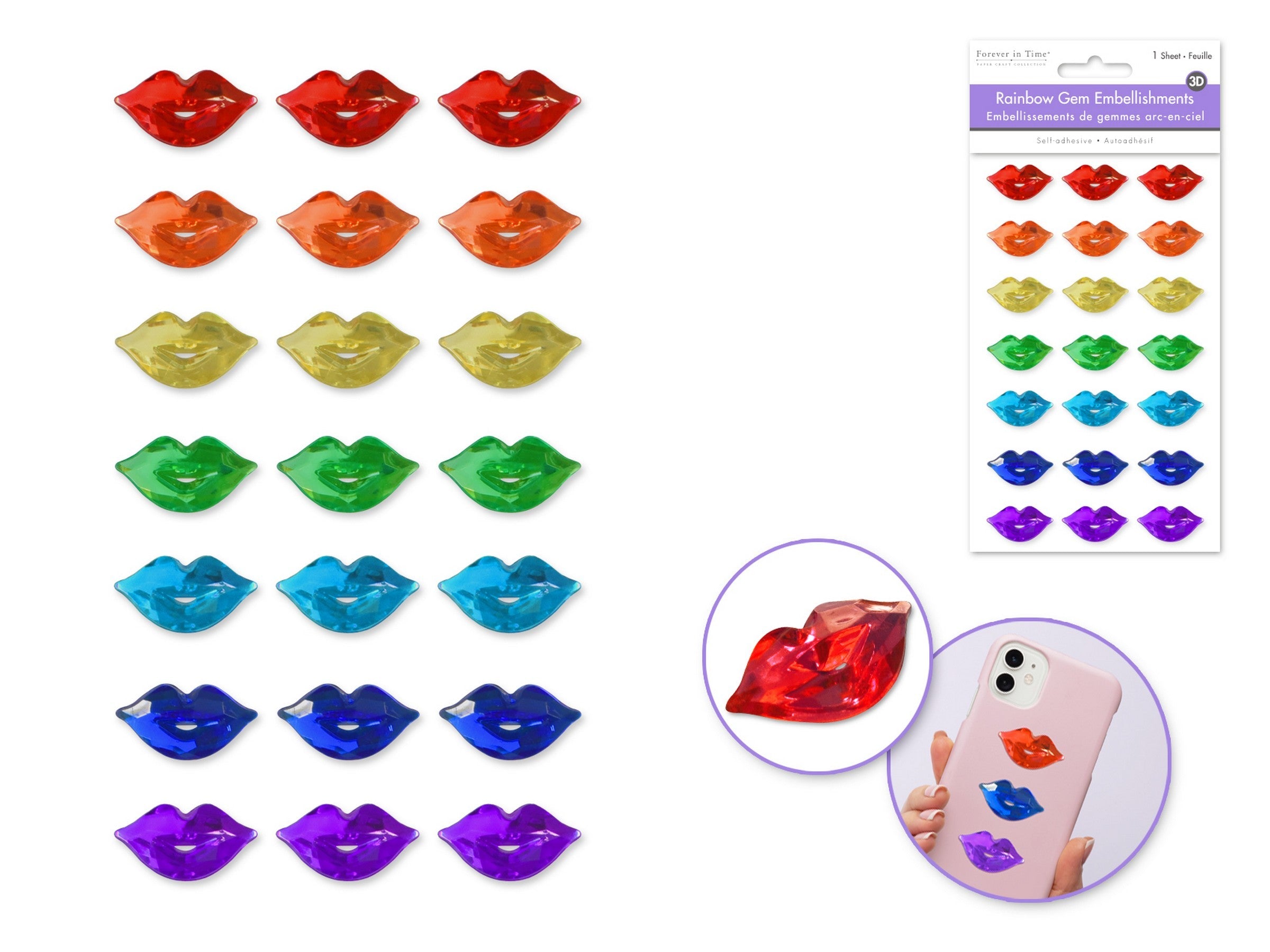 Forever in Time 3D Rainbow Gem Parade Stickers - Lips 3.7x6.1in