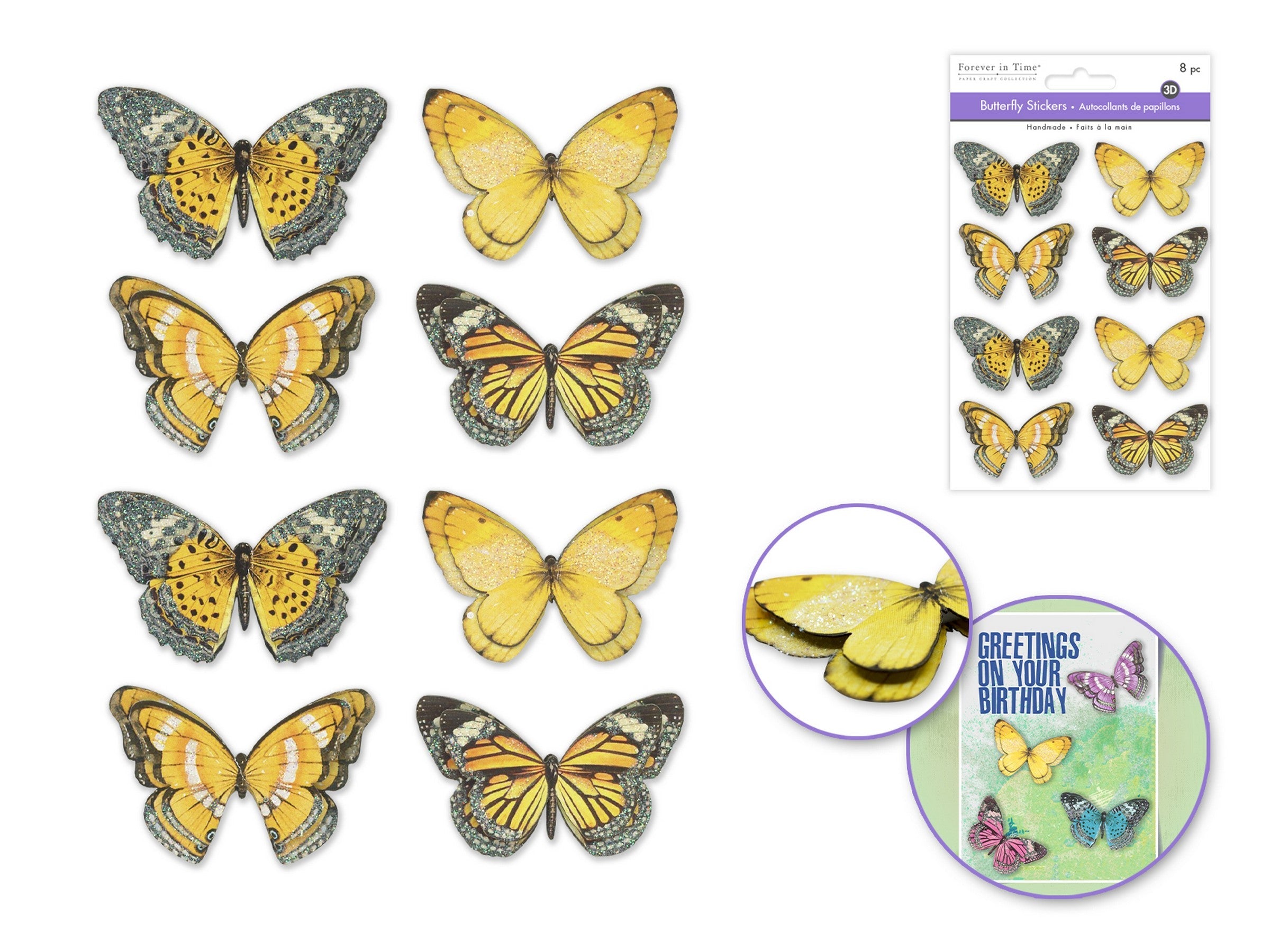 Forever in Time 8 Handmade Stickers Glitter 3D Yellow Butterflies 2x1.4in