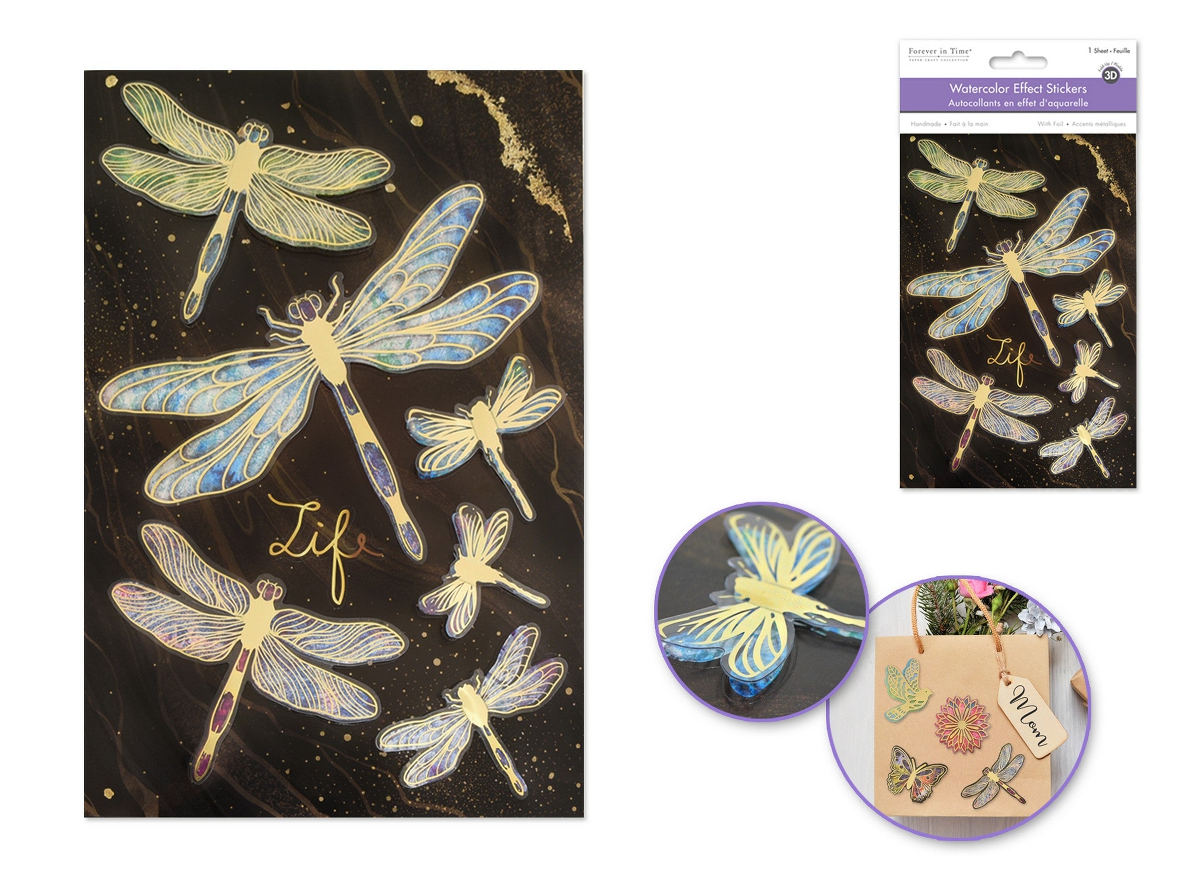 Forever in Time 3D Handmade Gold Foil Fold-Up Stickers - Dragonflies 4.9x7.3in