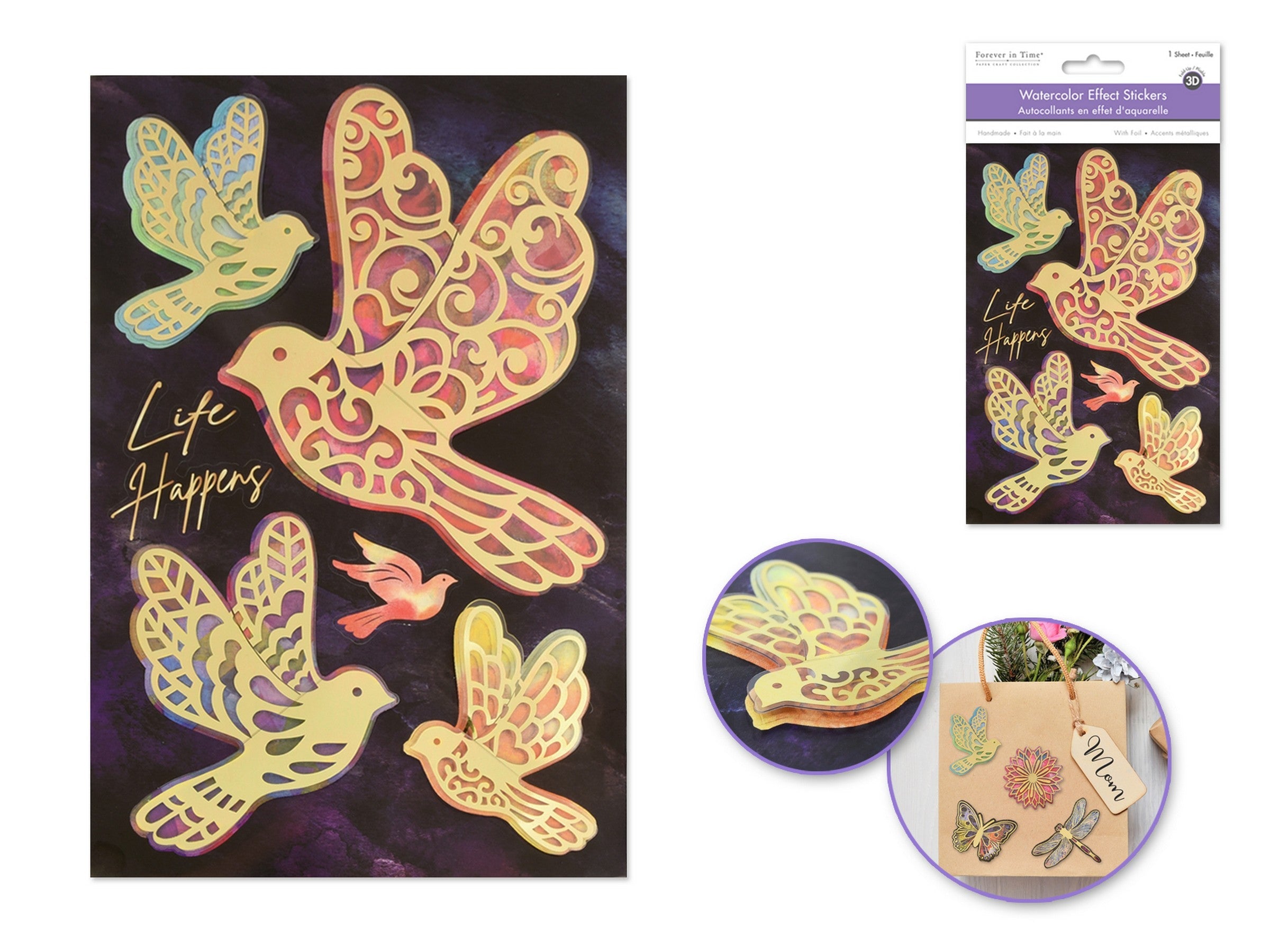 Forever in Time 3D Handmade Gold Foil Fold-Up Stickers - Birds 4.9x7.3in