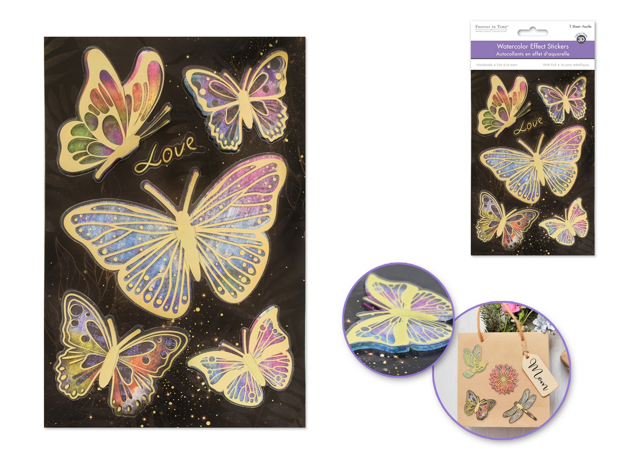 Forever in Time 3D Handmade Gold Foil Fold-Up Stickers - Butterflies 4.9x7.3in
