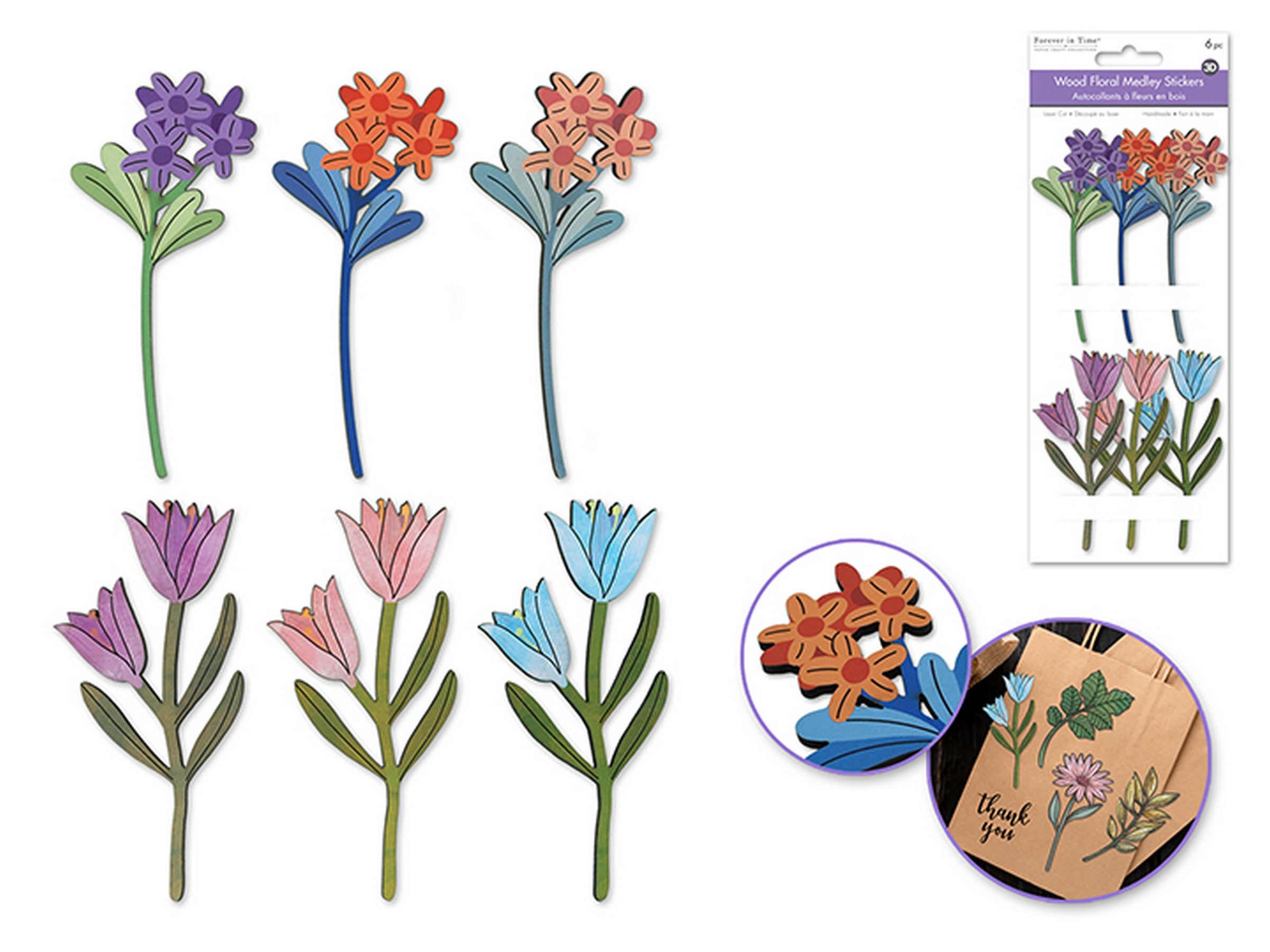 Forever in Time 3D Laser Cut Wood Floral Stickers 6pcs - Floral Burst 3.5x8.3in