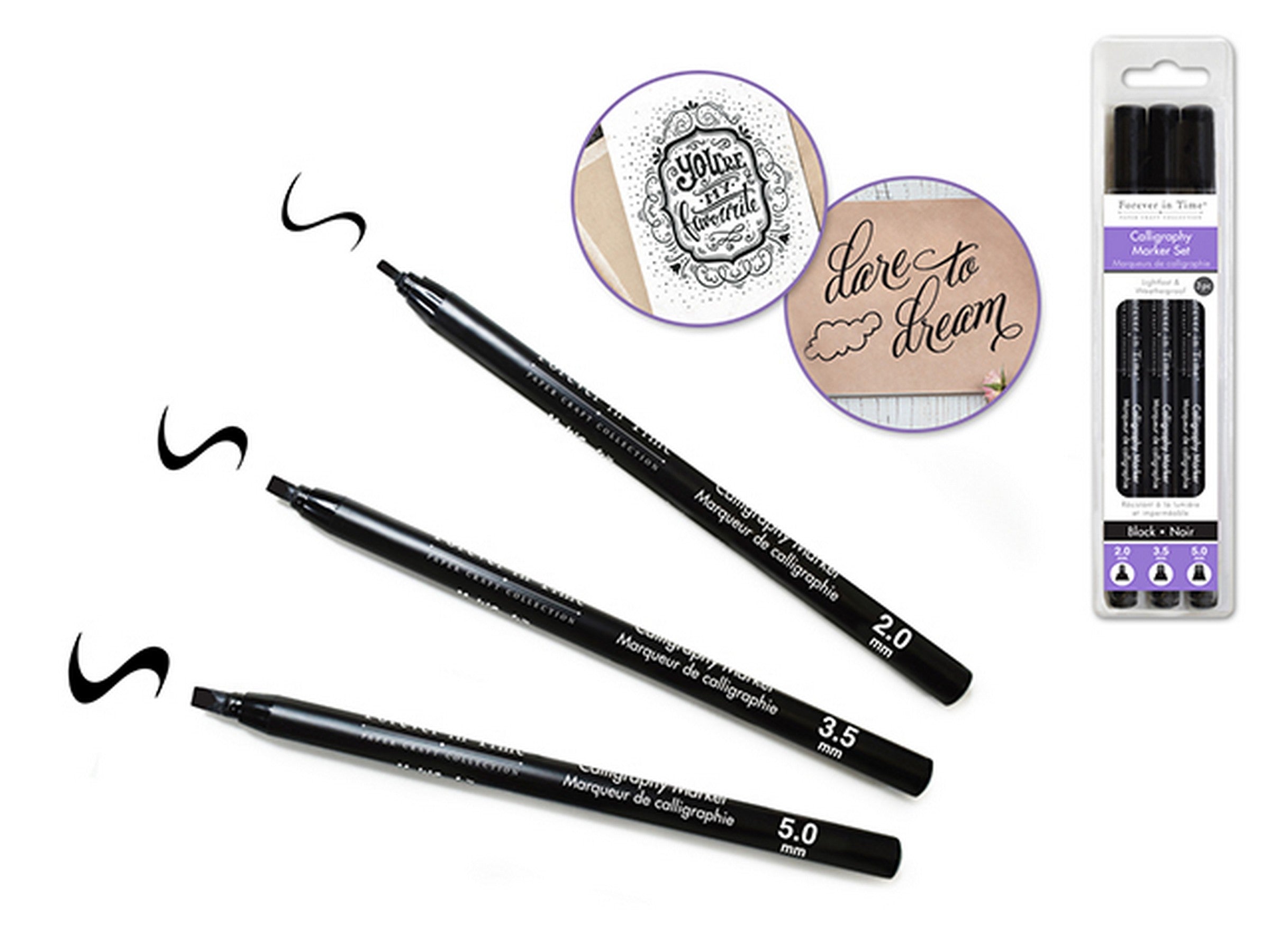 Forever in Time 3pcs Black Calligraphy Marker Set 0.07in - 0.137in - 0.19in Tip