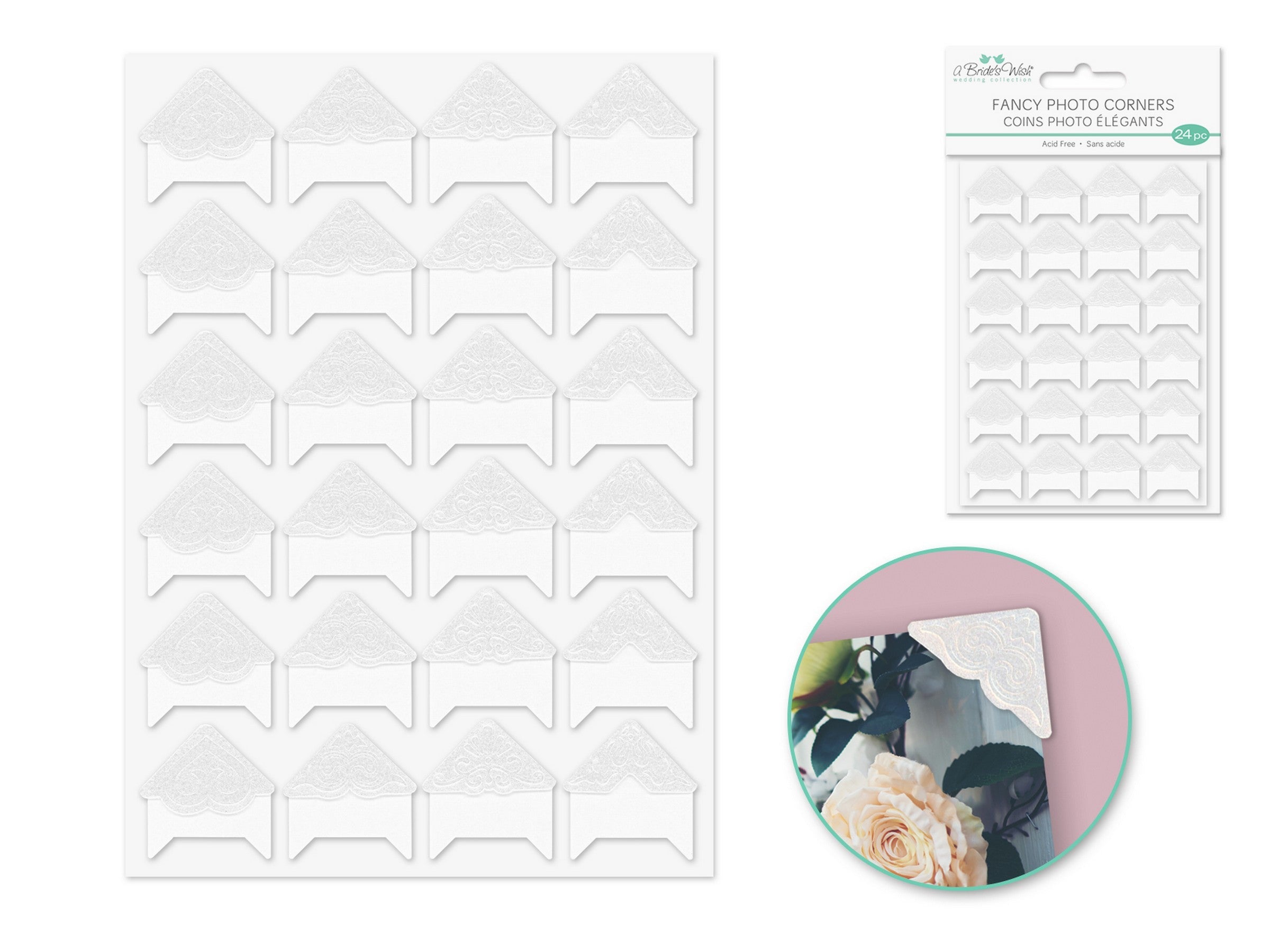A Bride's Wish 24 White Embossed Photo Corners - Photo Safe 0.75in