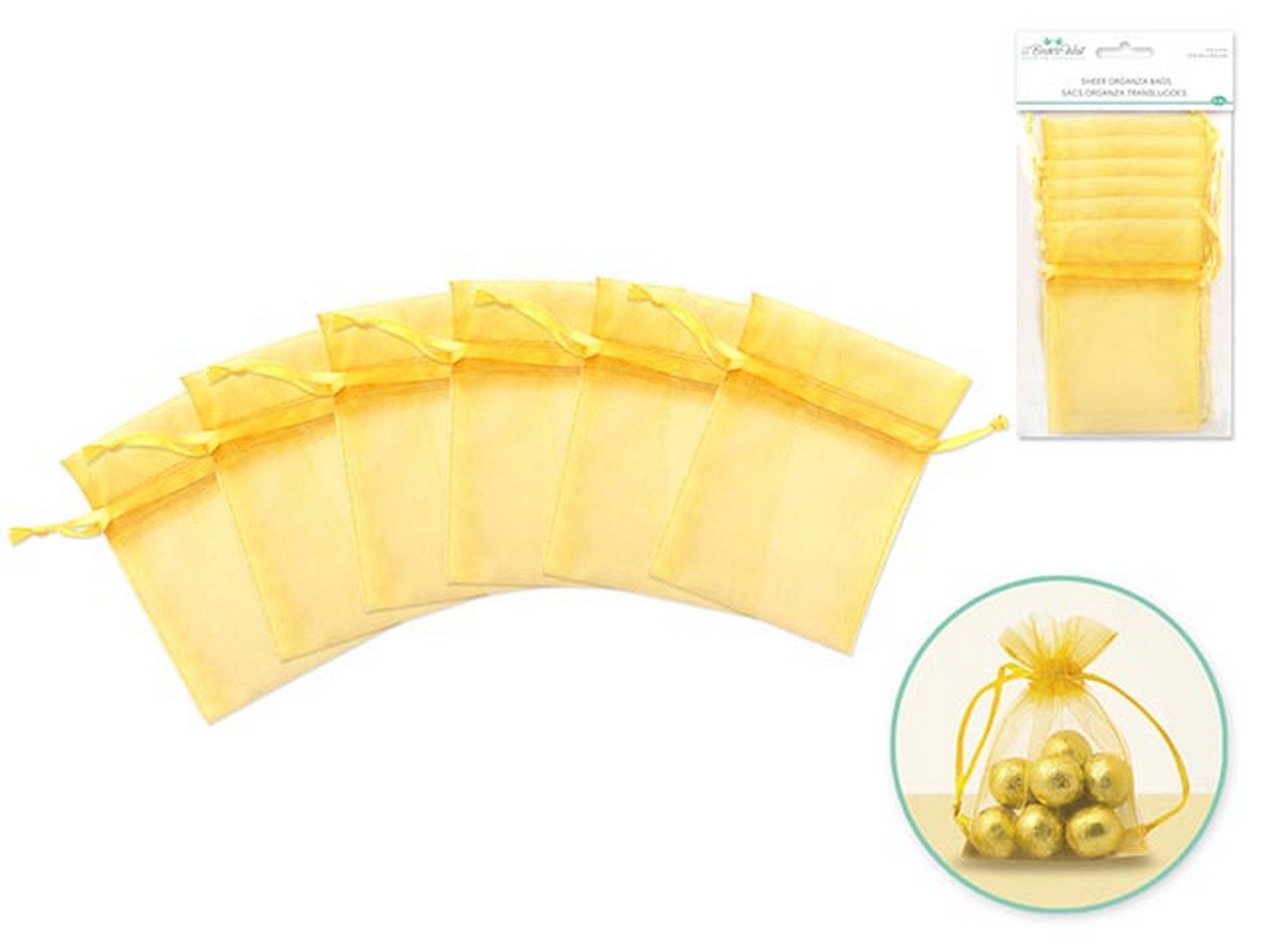 A Bride's Wish 6 Sheer Organza Bags with Ribbon Ties Bright Gold 3x4in