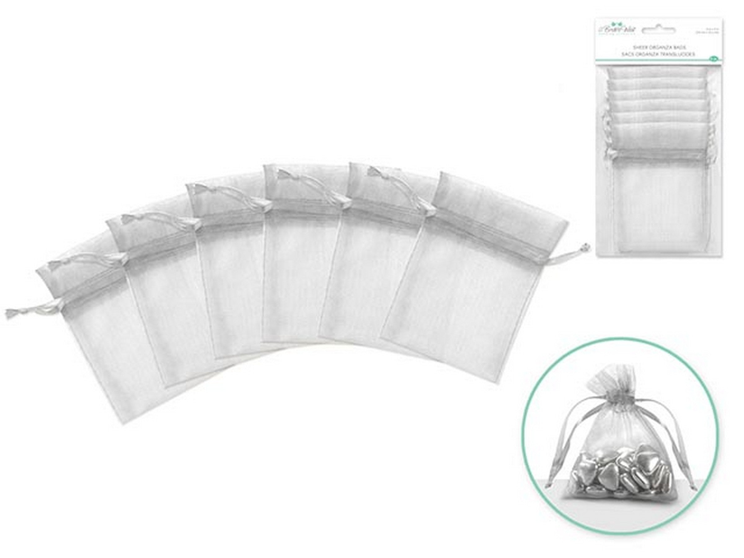 A Bride's Wish 6 Sheer Organza Bags with Ribbon Ties Shimmering Silver 3x4in
