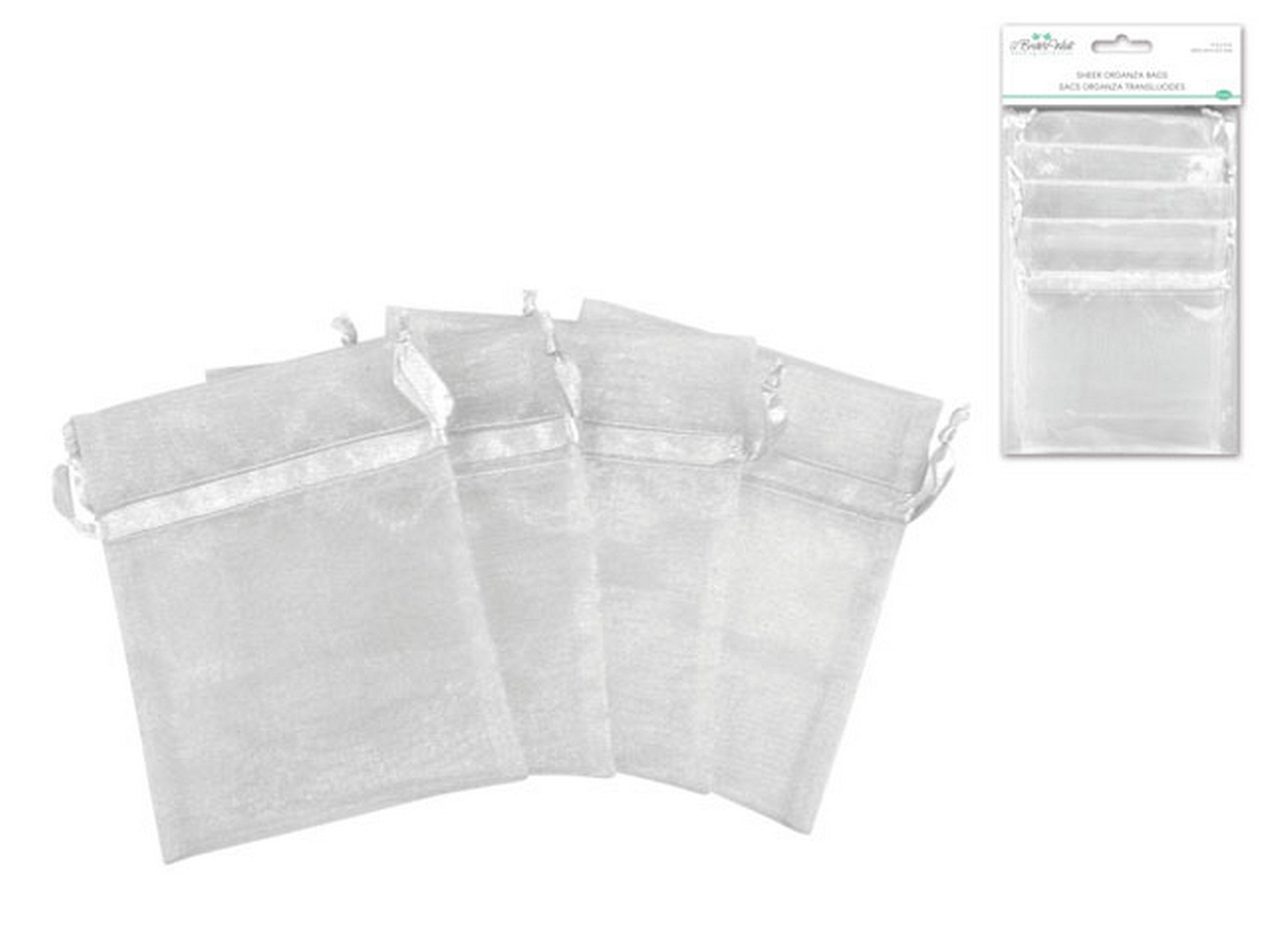 A Bride's Wish 4 Sheer Organza Bags with Ribbon Ties Shimmering Silver 4x5in