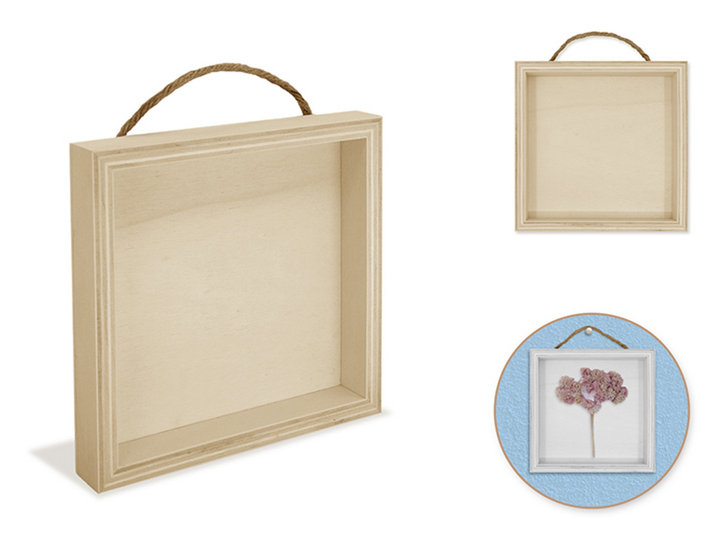 Unpainted DIY Wood Shadow Box with Jute Hanger - Square 5in