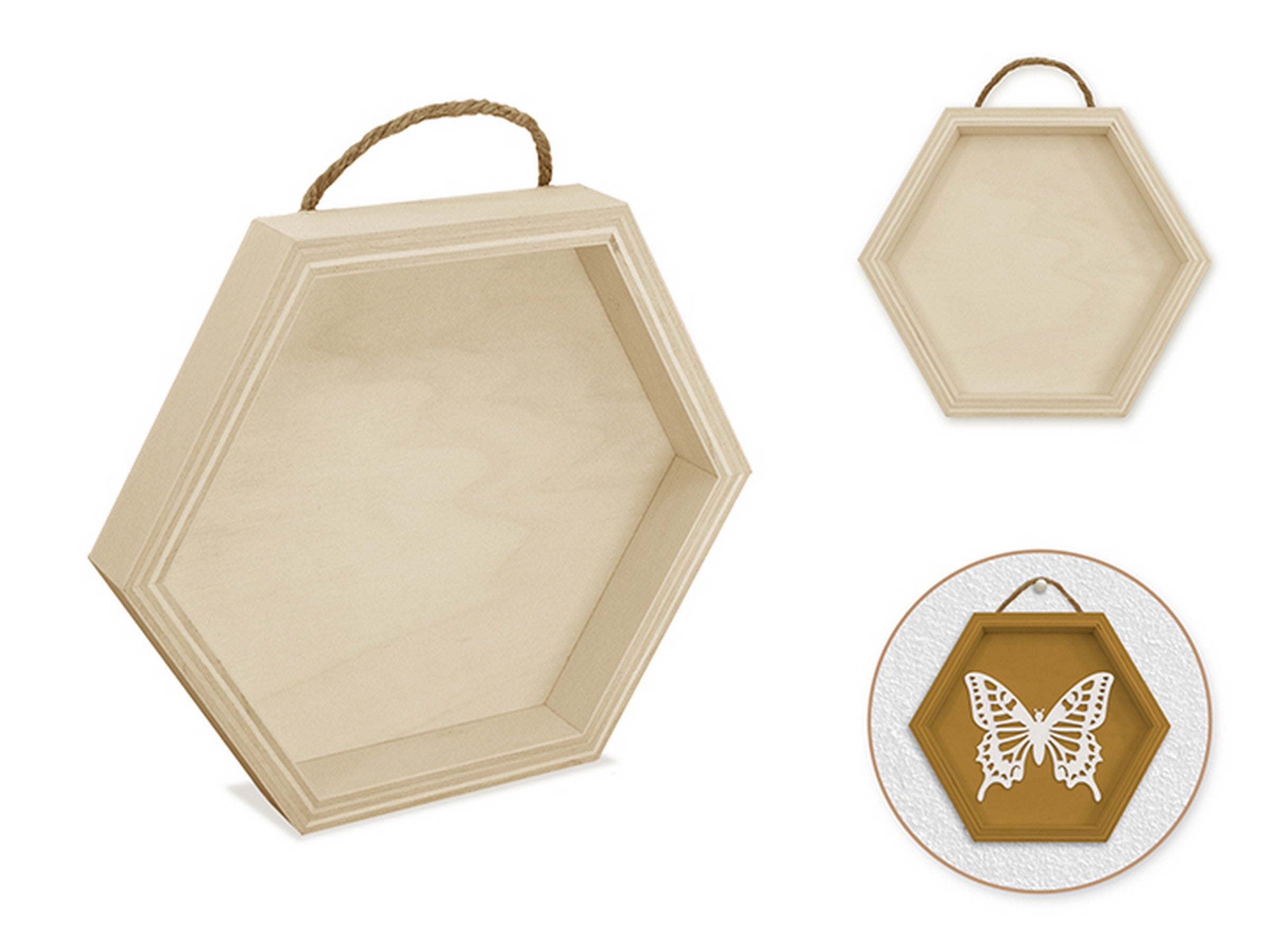 Unpainted DIY Wood Shadow Box with Jute Hanger - Hexagon 5in