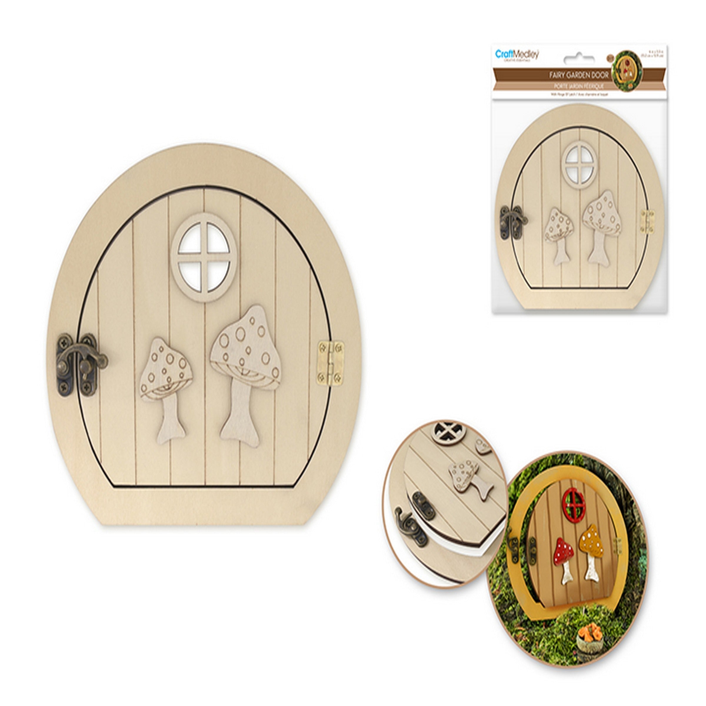 Craft Medley DIY Unpainted Wooden Fairy Garden Door with Metal Hinge and Mushroom 6x5.5in