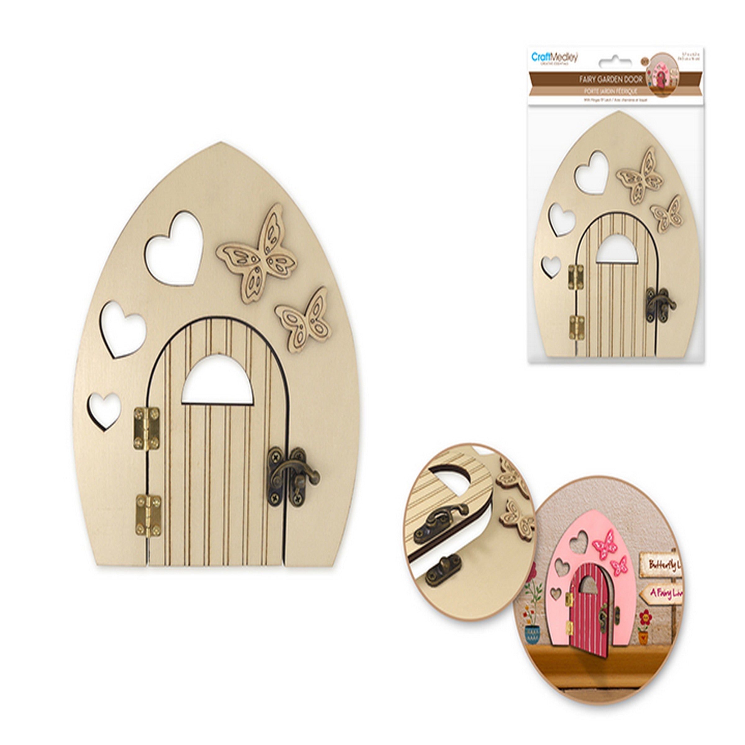 Craft Medley DIY Unpainted Wooden Fairy Garden Door with Metal Hinge and Butterflies 5.7x6.2in
