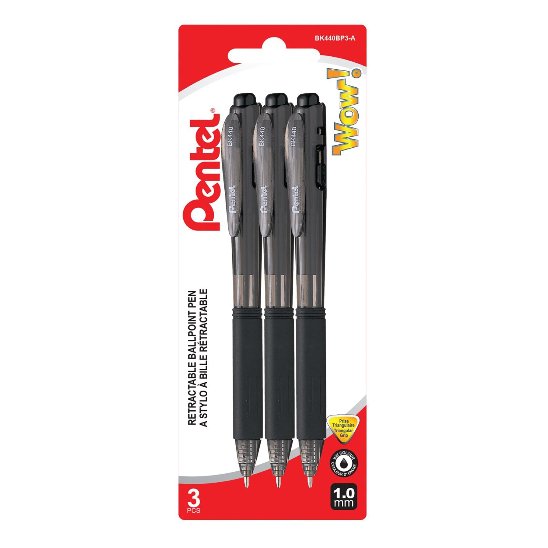Pentel 3 Retractable Ballpoint Pens - Triangle Grip - Black Ink 1.0mm