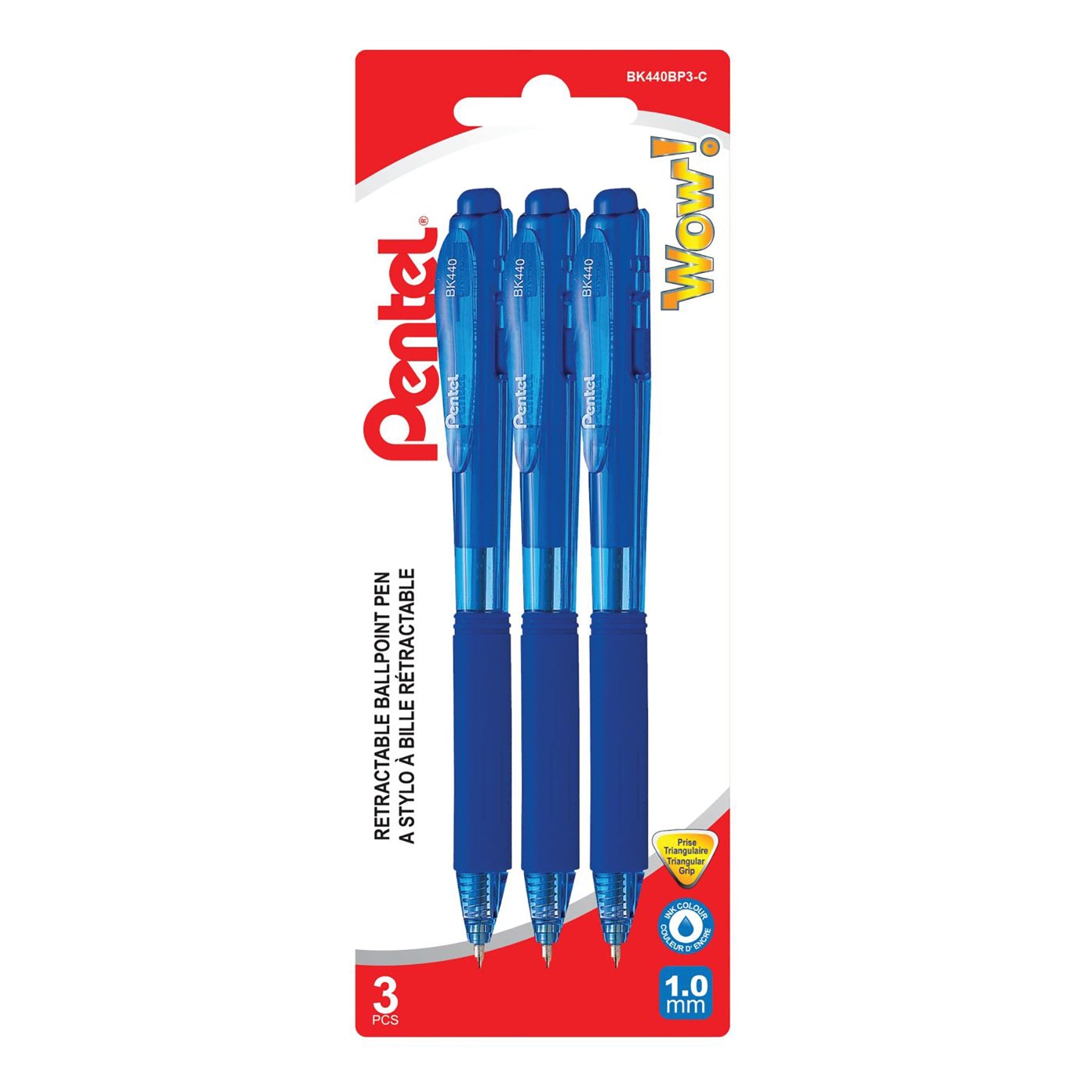 Pentel 3 Retractable Ballpoint Pens - Triangle Grip - Red Ink 1.0mm