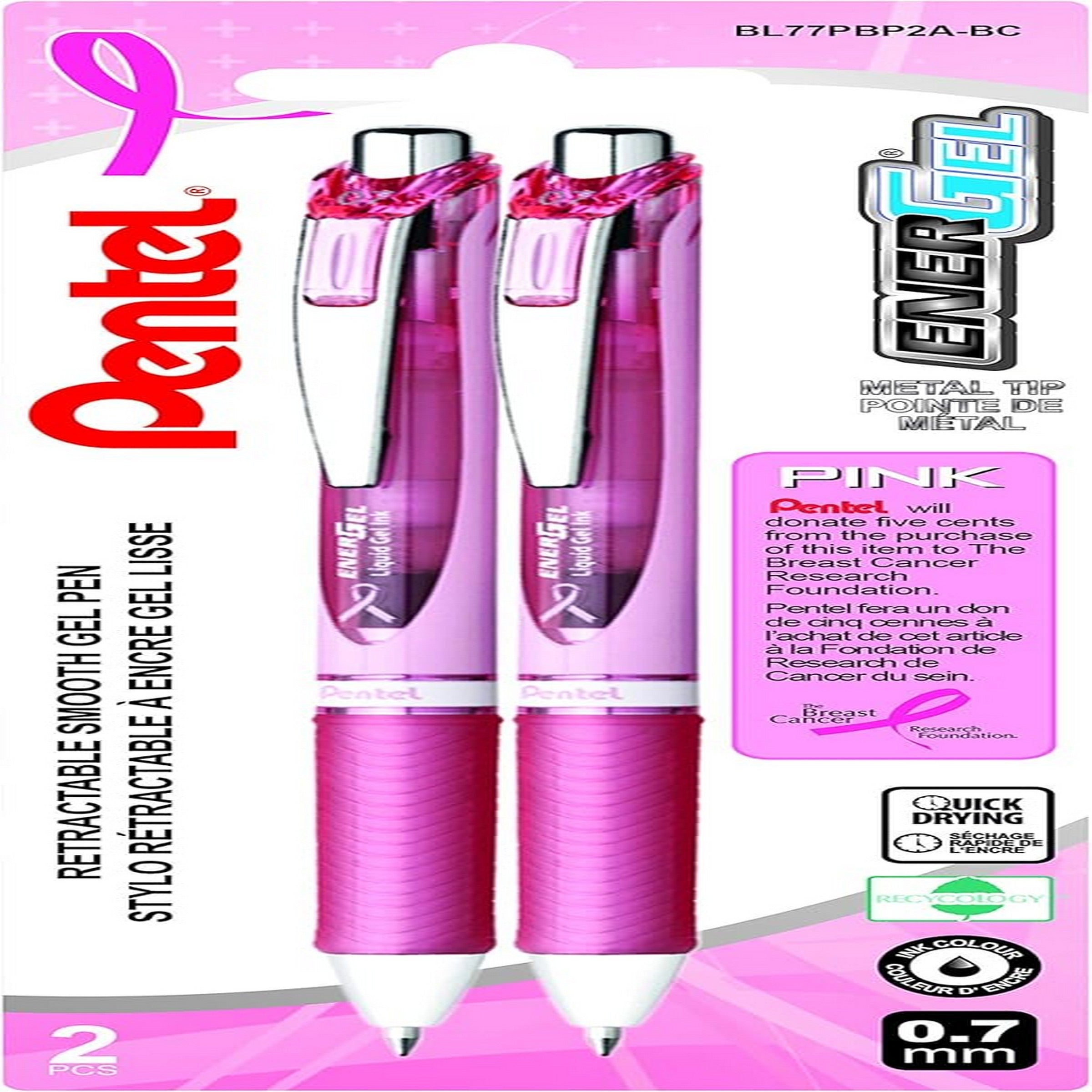 Pentel EnerGel 2 Retractable Gel Roller Pens - Black Ink - Pink Ribbon Barrel 0.7mm
