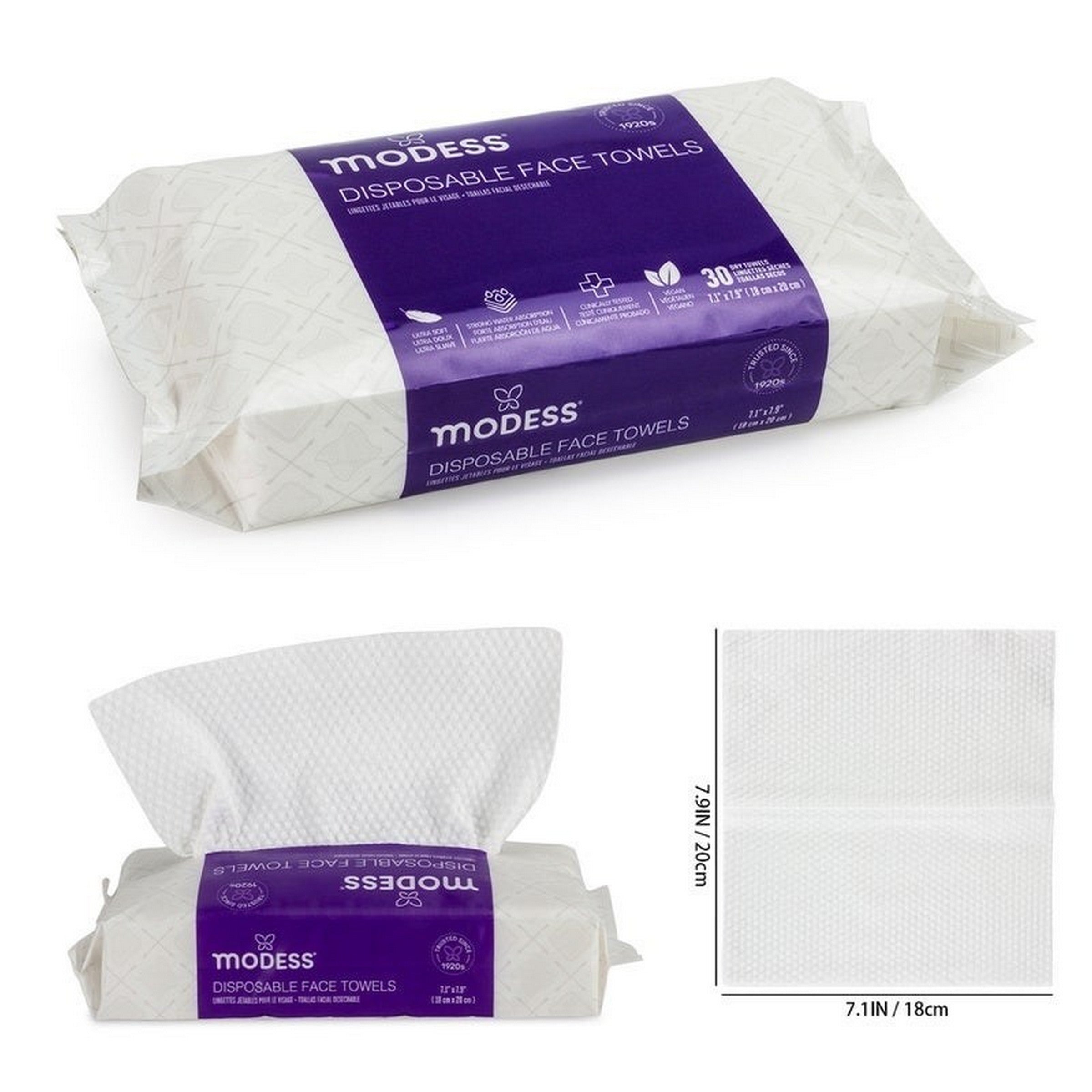 Modess 30 Disposable Dry Face Towels 7.1x7.9in 