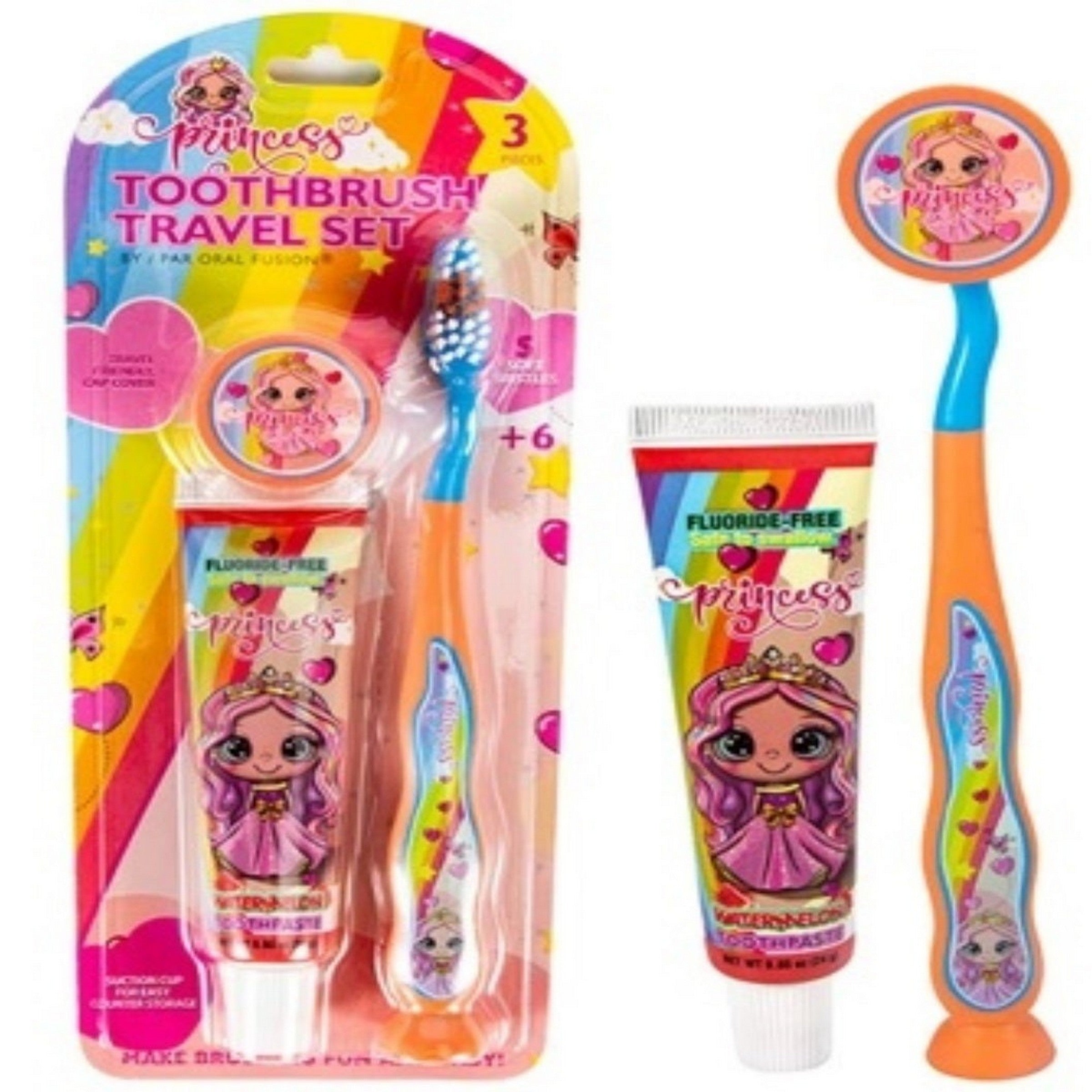 Oral Fusion Kids Toothbrush Travel Set with Watermelon Toothpaste 0.85oz (24g) and Cap 3pcs - Princess 