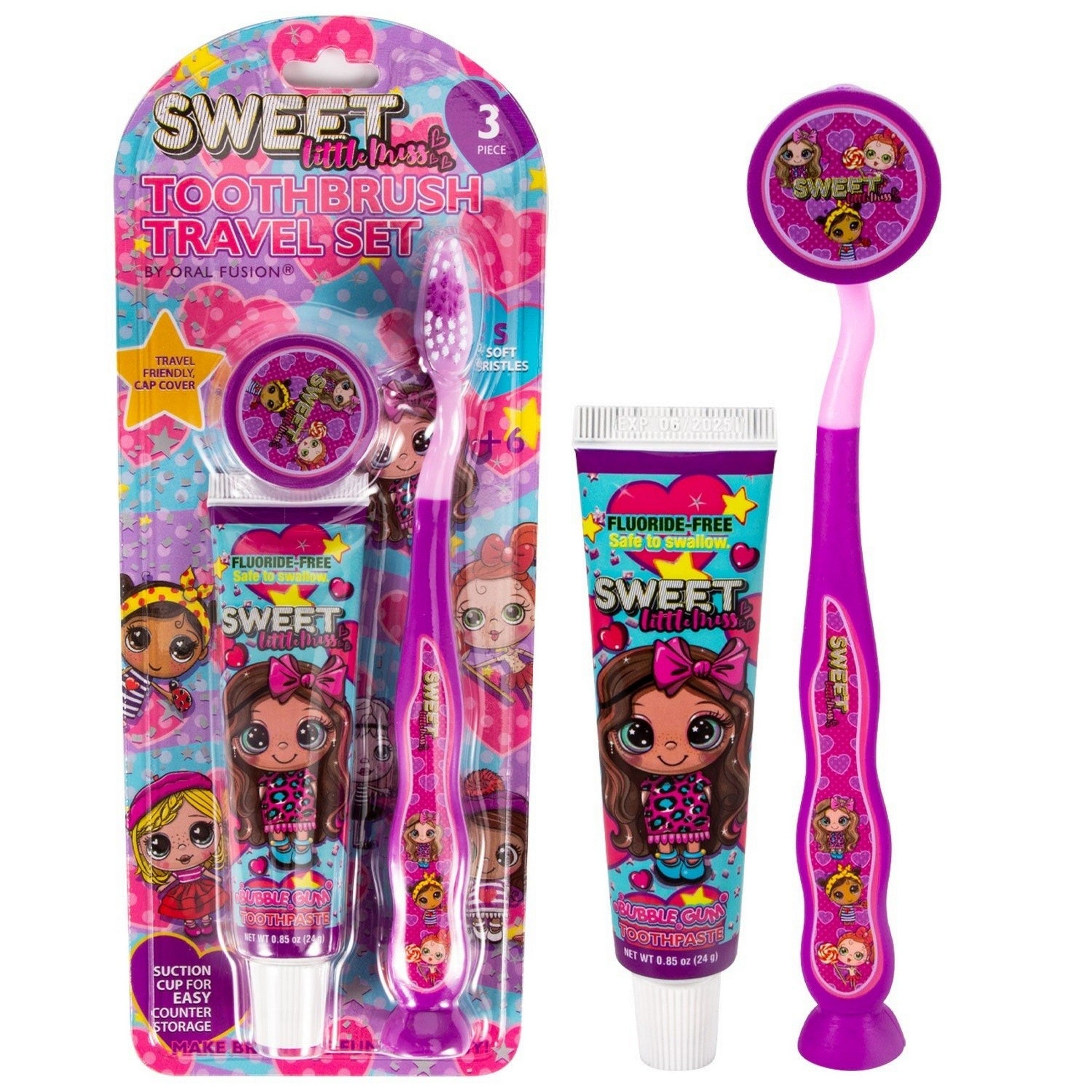 Oral Fusion Kids Toothbrush Travel Set with Bubble Gum Toothpaste 0.85oz (24g) and Cap 3pcs - Sweet Missy 